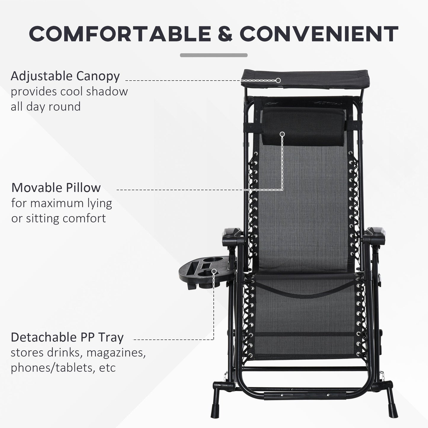 Garden Rocking Chair Folding Recliner Outdoor Adjustable Sun Lounger Rocker Zero-Gravity Seat with Headrest Side Holder Patio Deck - Black