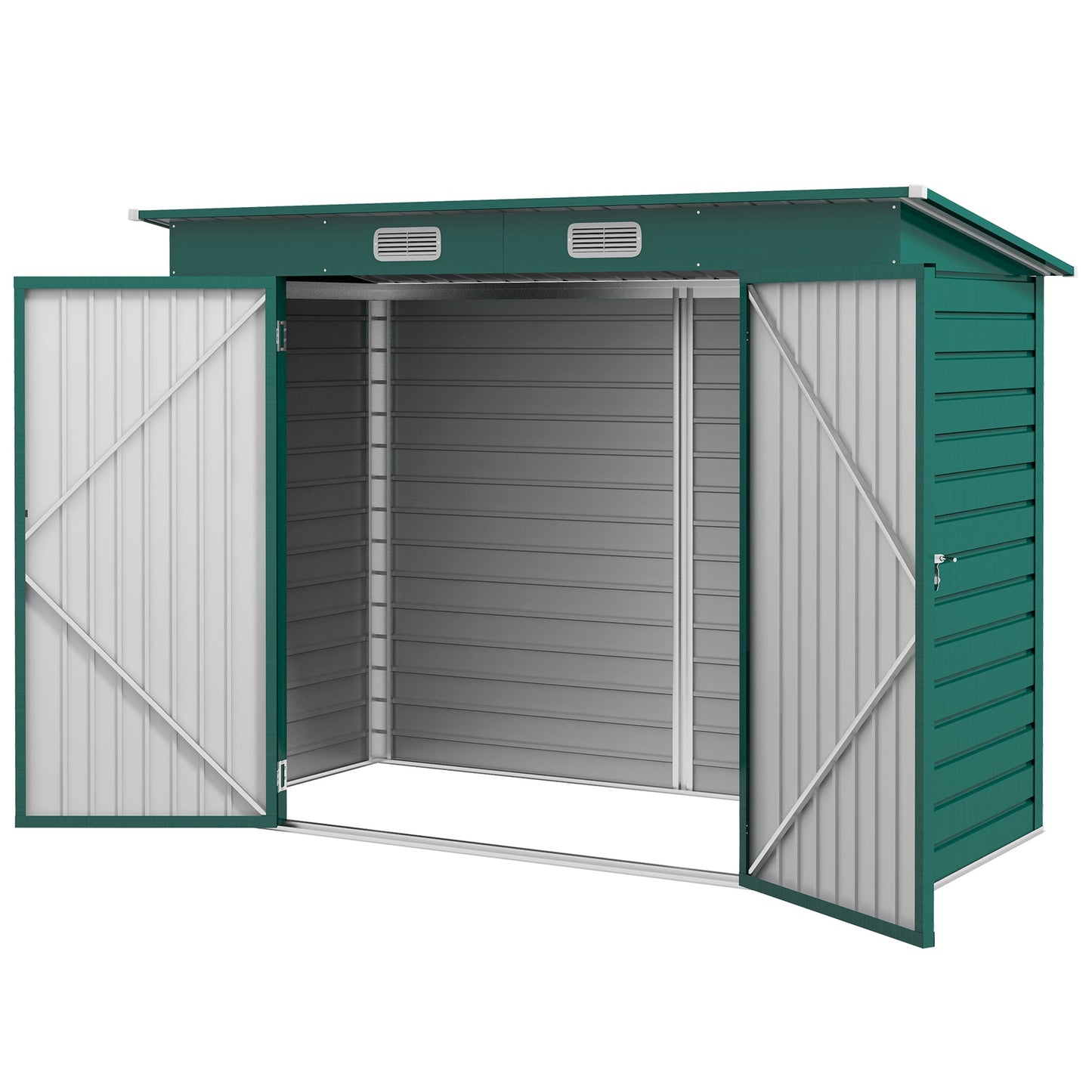 8 x 4FT Garden Shed. Galvanised Metal Shed, Outdoor Tool Storage Shed with Pent Roof, Lockable Door and 2 Vents, Green