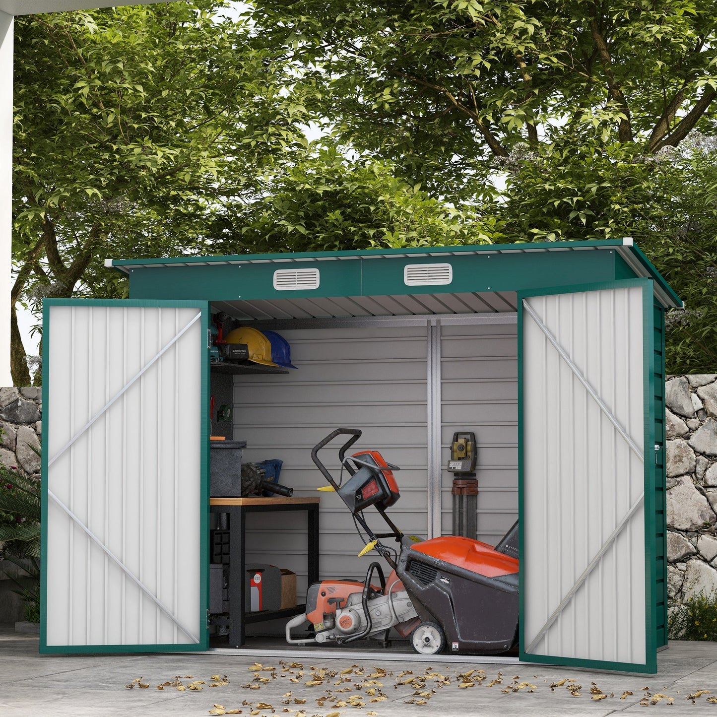 8 x 4FT Garden Shed. Galvanised Metal Shed, Outdoor Tool Storage Shed with Pent Roof, Lockable Door and 2 Vents, Green