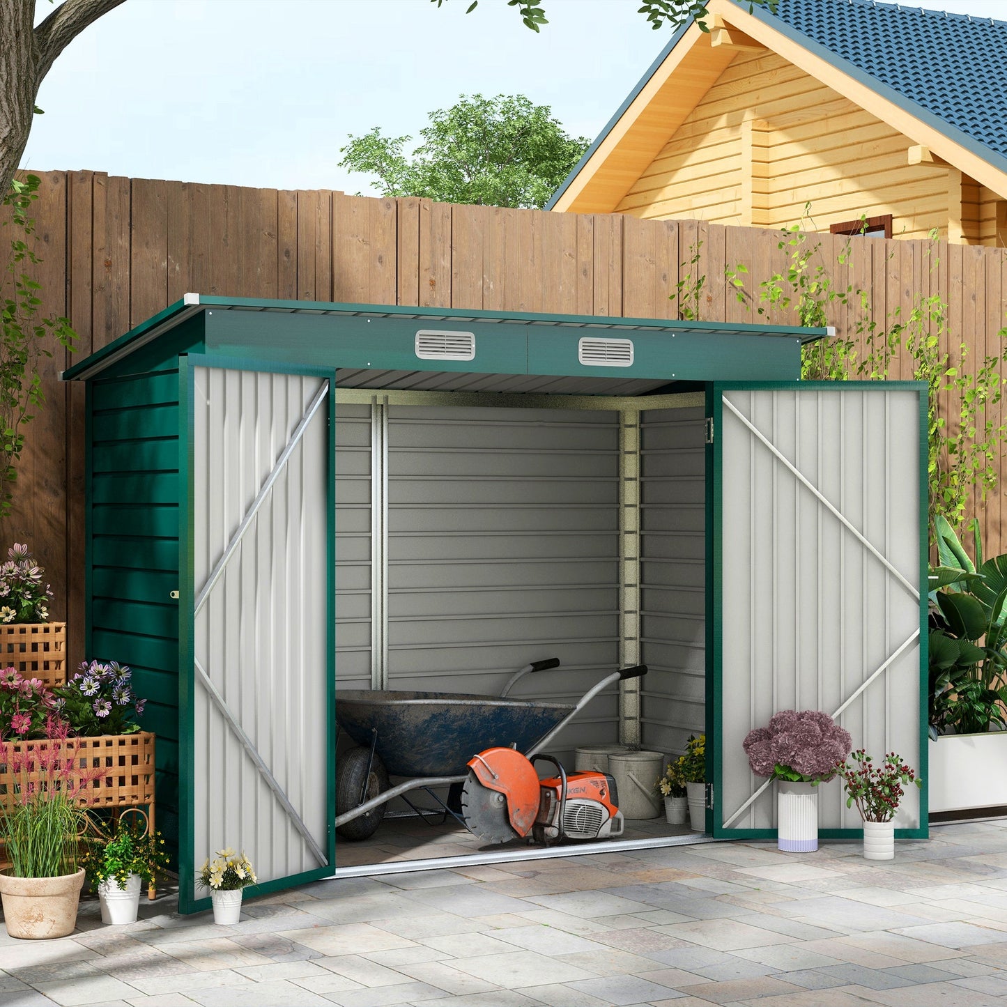 8 x 4FT Garden Shed. Galvanised Metal Shed, Outdoor Tool Storage Shed with Pent Roof, Lockable Door and 2 Vents, Green