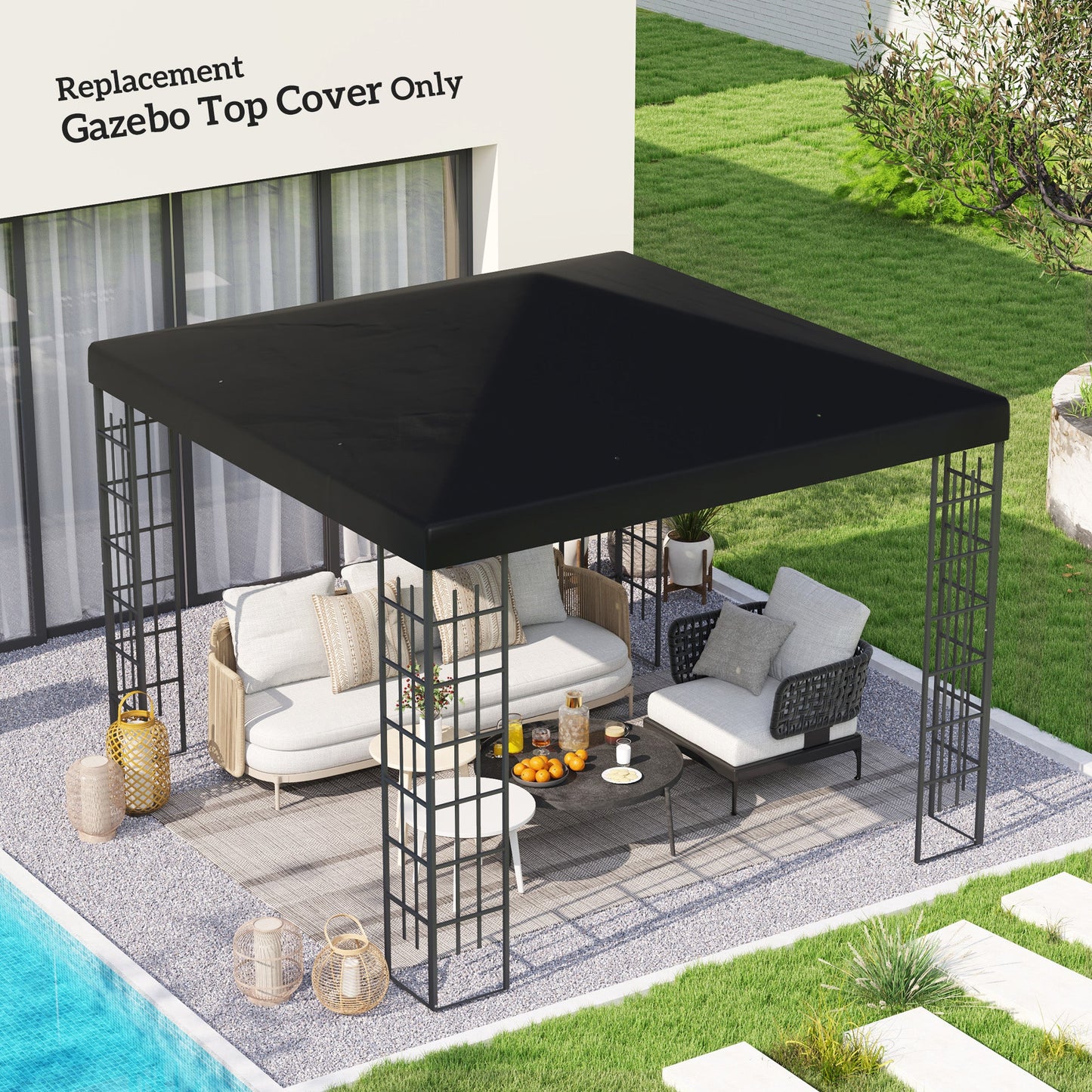 3 x 3(m) Gazebo Canopy Replacement Cover, Garden Gazebo Roof Replacement with Drain Holes, Water Resistant PVC Coating, 370g/㎡, UPF30+, TOP COVER ONLY, Black