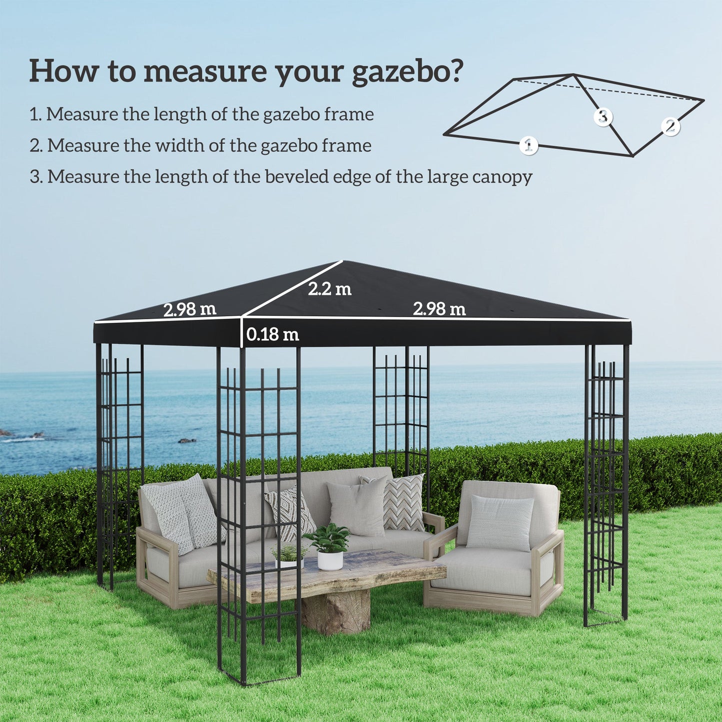 3 x 3(m) Gazebo Canopy Replacement Cover, Garden Gazebo Roof Replacement with Drain Holes, Water Resistant PVC Coating, 370g/㎡, UPF30+, TOP COVER ONLY, Black