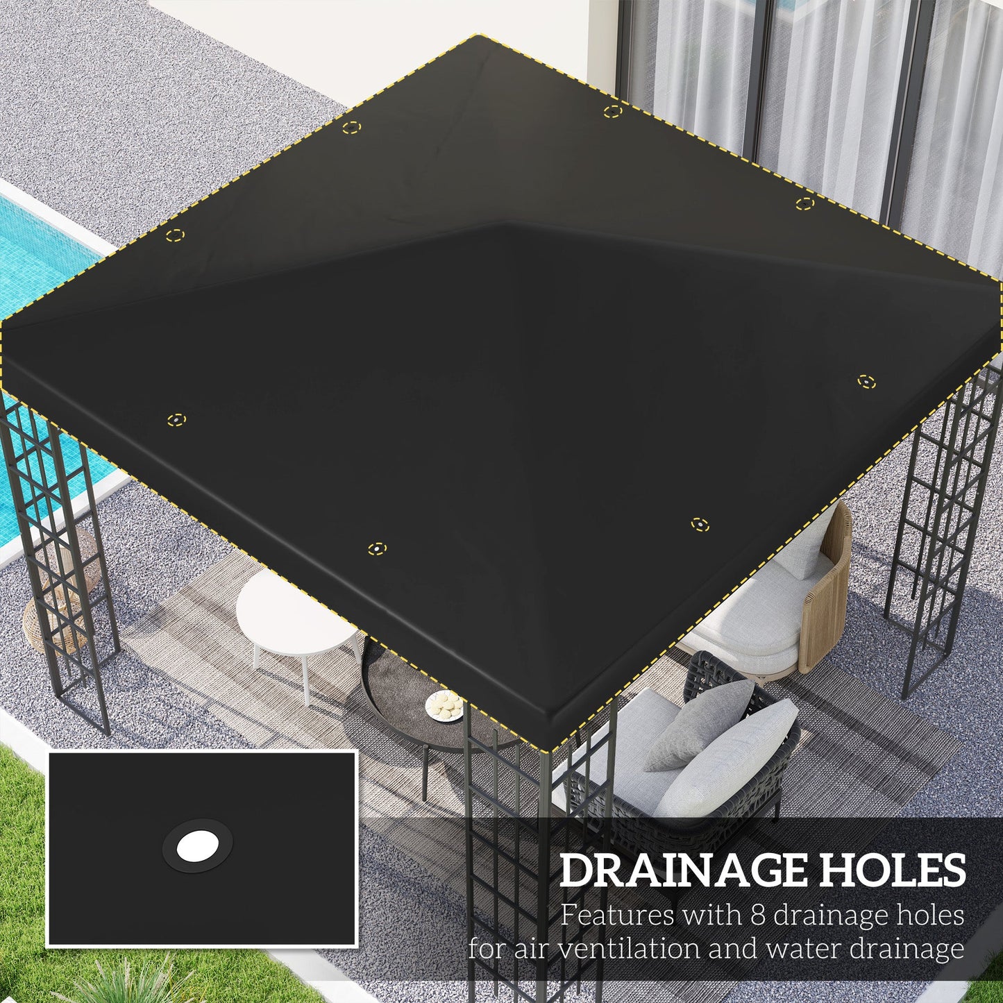 3 x 3(m) Gazebo Canopy Replacement Cover, Garden Gazebo Roof Replacement with Drain Holes, Water Resistant PVC Coating, 370g/㎡, UPF30+, TOP COVER ONLY, Black