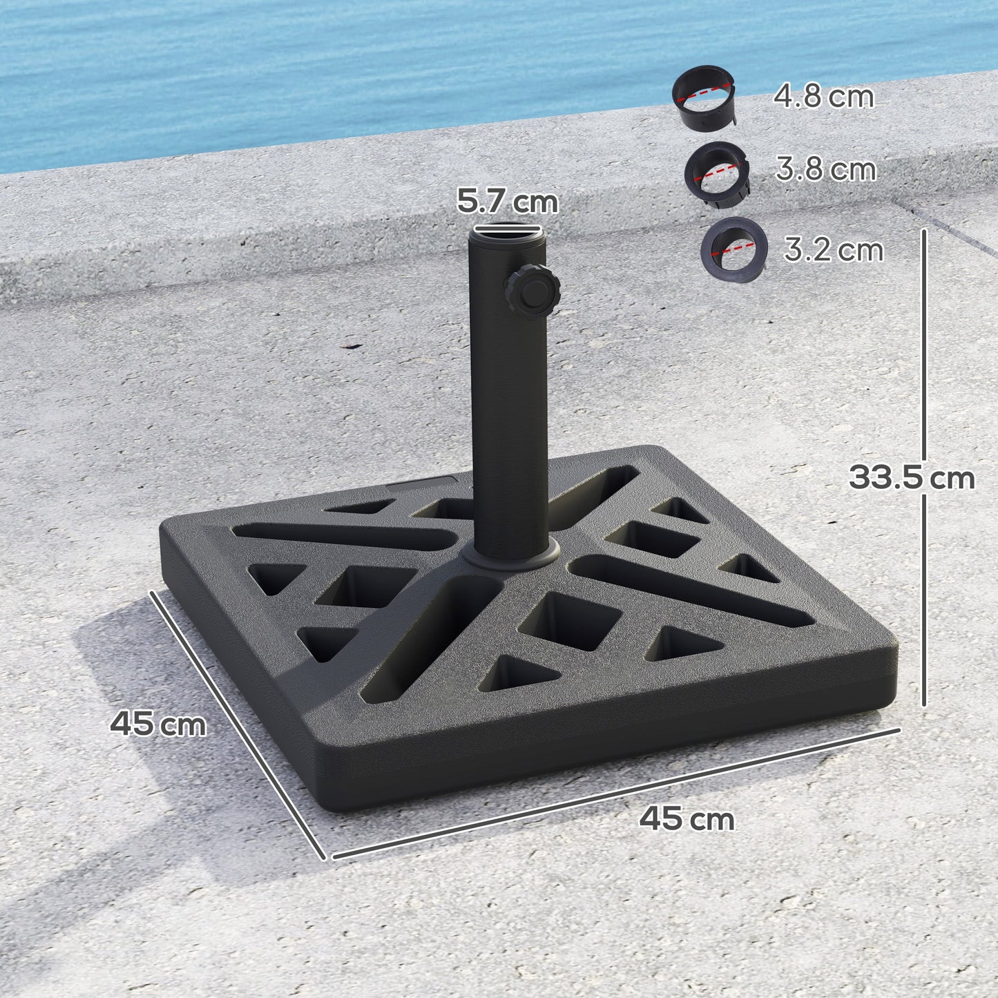 Garden Parasol Base, 15kg HDPE Outdoor Umbrella Stand Parasol Stand with Cut-Out Design, Sun Umbrella Base for 32, 38, 48 mm Poles, Black