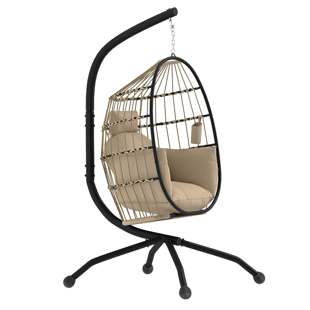 Hanging Egg Chair Outdoor Indoor Garden Swing Chair with Folding Basket and Thickened Cushion, Garden Hanging Chair with Stand, Headrest, Cup Holder for Patio, Balcony, Khaki