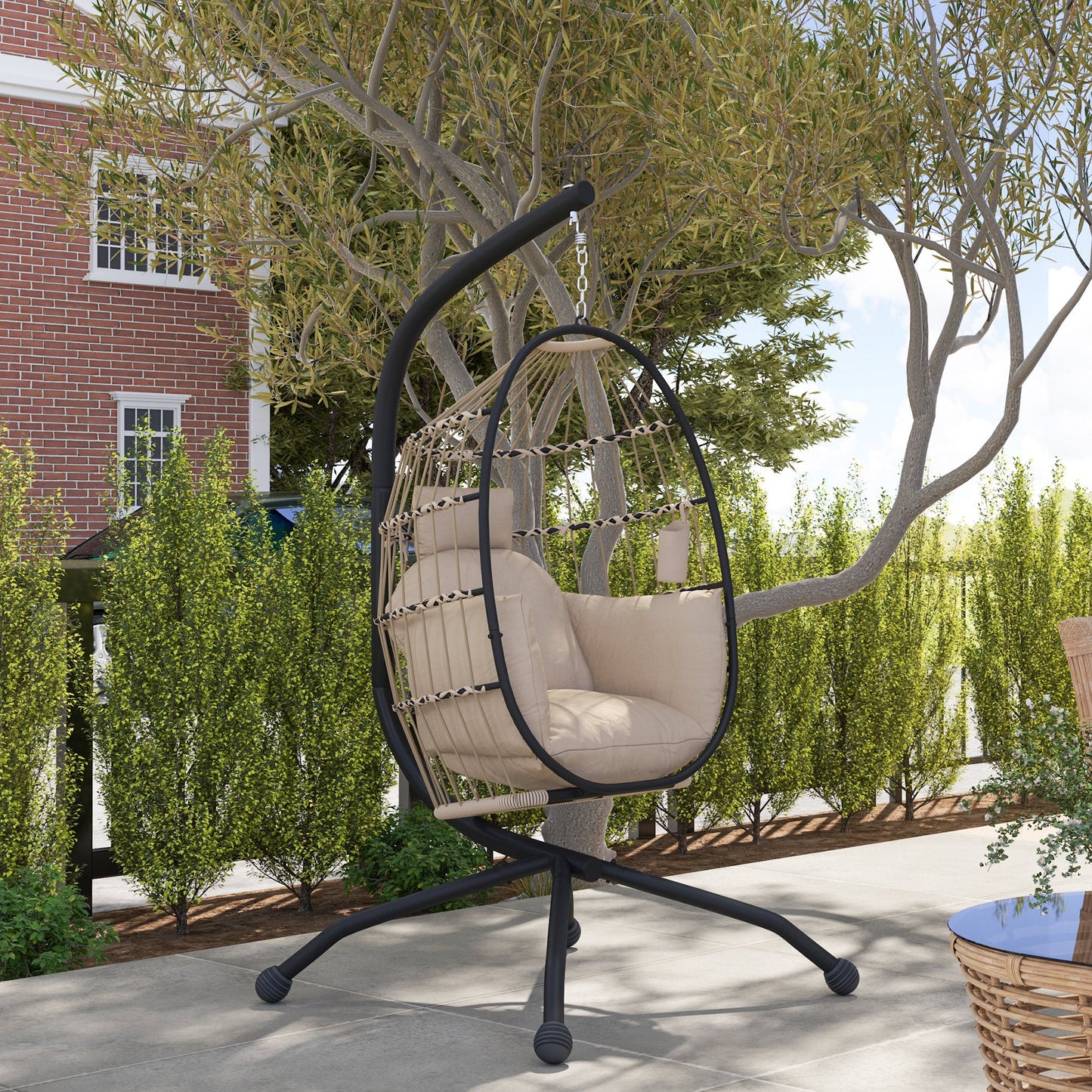 Hanging Egg Chair Outdoor Indoor Garden Swing Chair with Folding Basket and Thickened Cushion, Garden Hanging Chair with Stand, Headrest, Cup Holder for Patio, Balcony, Khaki