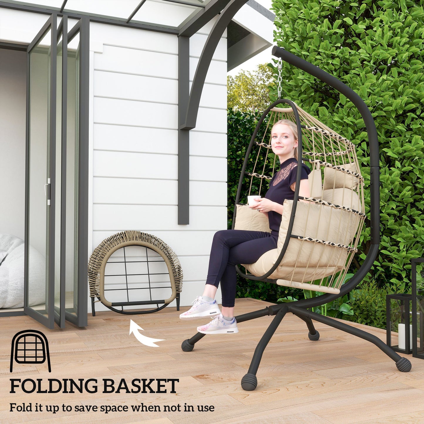 Hanging Egg Chair Outdoor Indoor Garden Swing Chair with Folding Basket and Thickened Cushion, Garden Hanging Chair with Stand, Headrest, Cup Holder for Patio, Balcony, Khaki