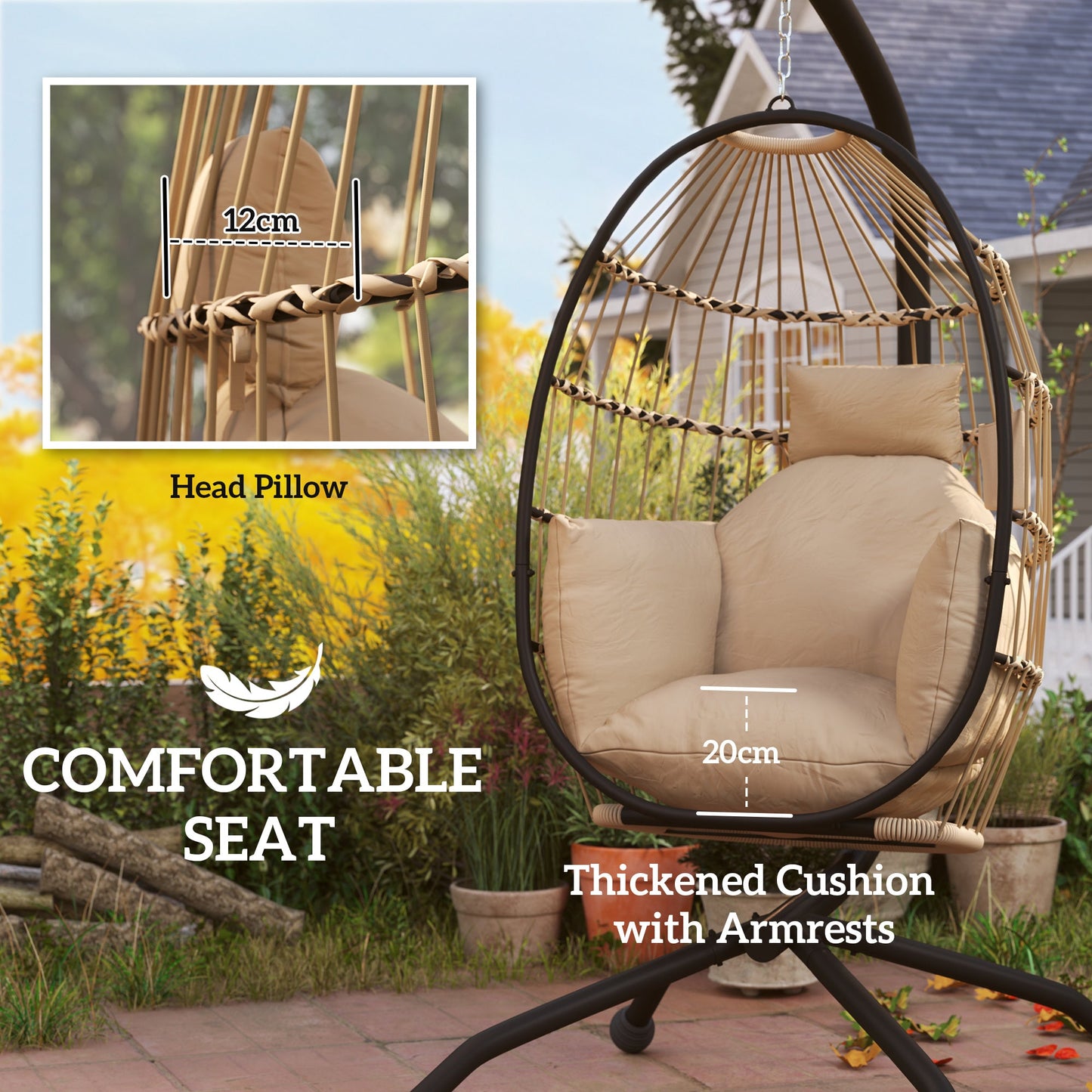 Hanging Egg Chair Outdoor Indoor Garden Swing Chair with Folding Basket and Thickened Cushion, Garden Hanging Chair with Stand, Headrest, Cup Holder for Patio, Balcony, Khaki