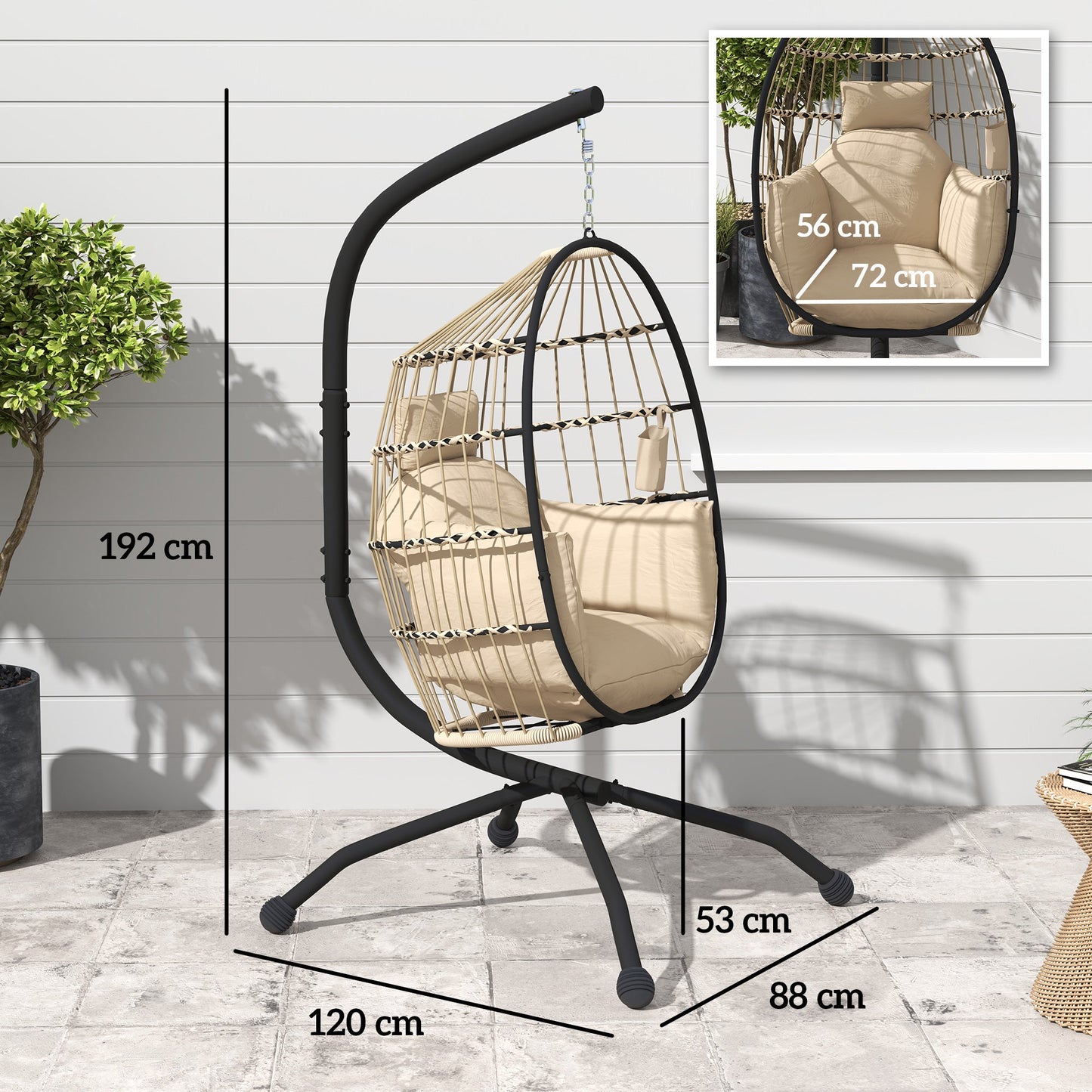 Hanging Egg Chair Outdoor Indoor Garden Swing Chair with Folding Basket and Thickened Cushion, Garden Hanging Chair with Stand, Headrest, Cup Holder for Patio, Balcony, Khaki