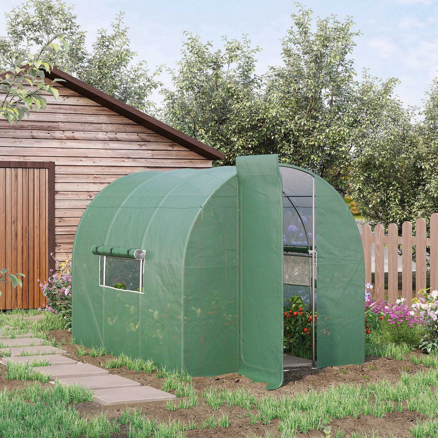 Large Polytunnel Walk In Greenhouse, Plant Gardening Tunnel Green House with Metal Hinged Door, Galvanised Steel Frame & Mesh Windows, Green (3 x 2 m)