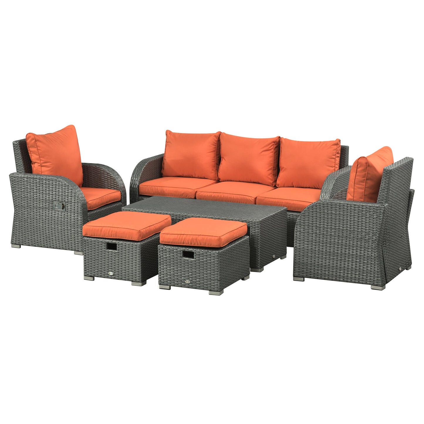 Rattan Garden Sofa Set With 3 Seater Sofa, 2 Reclining Single Sofa, Coffee Table, Footstool, Space-saving Outdoor Patio Wicker Furniture Set - Orange