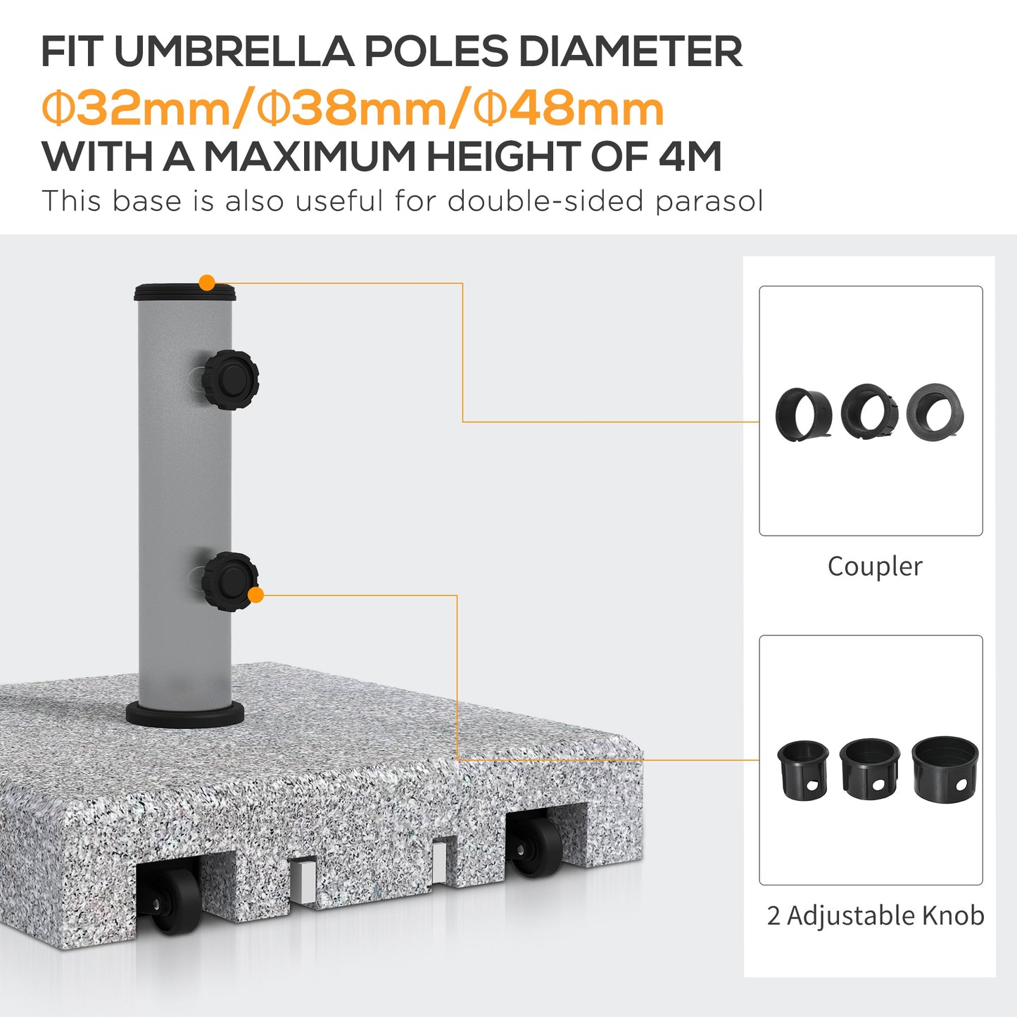 28kg Granite Parasol Base, Heavy Duty Square Umbrella Stand with Wheels and Retractable Handle, Parasol holder for 32mm, 38mm, 48mm Poles, Grey