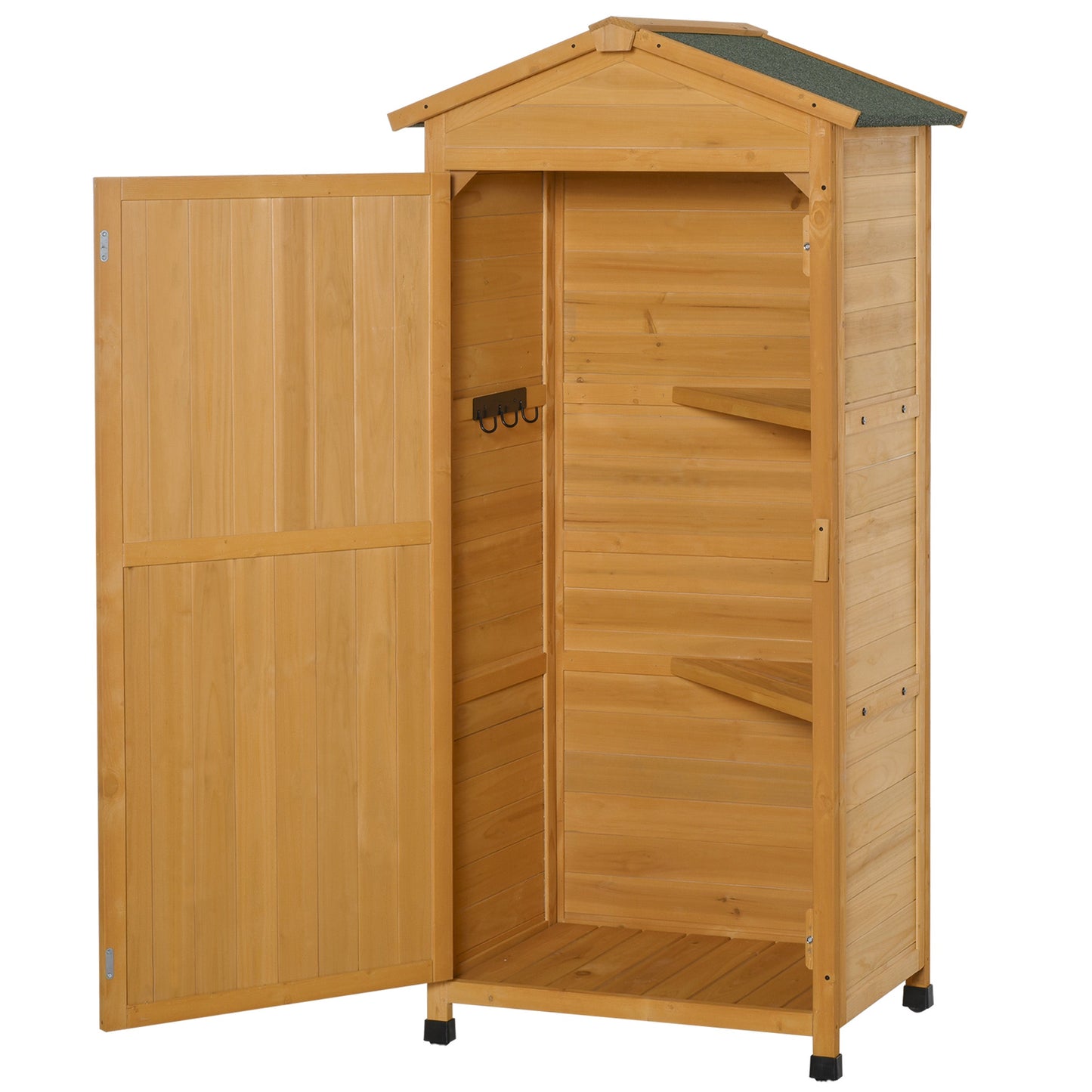 Wooden Garden Shed, Outdoor Storage Cabinet with 2 Shelves and Hooks, Locking Organiser Outdoor Narrow Tool House, 74x55x155cm, Yellow