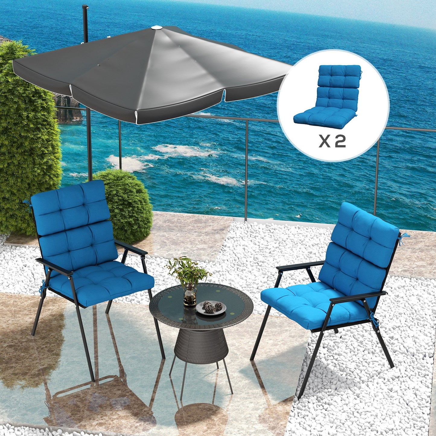 2pc Outdoor Seat Cushions with Backrest, Ties, Water Repellent Seat Pads for Chair, Garden Patio, Blue