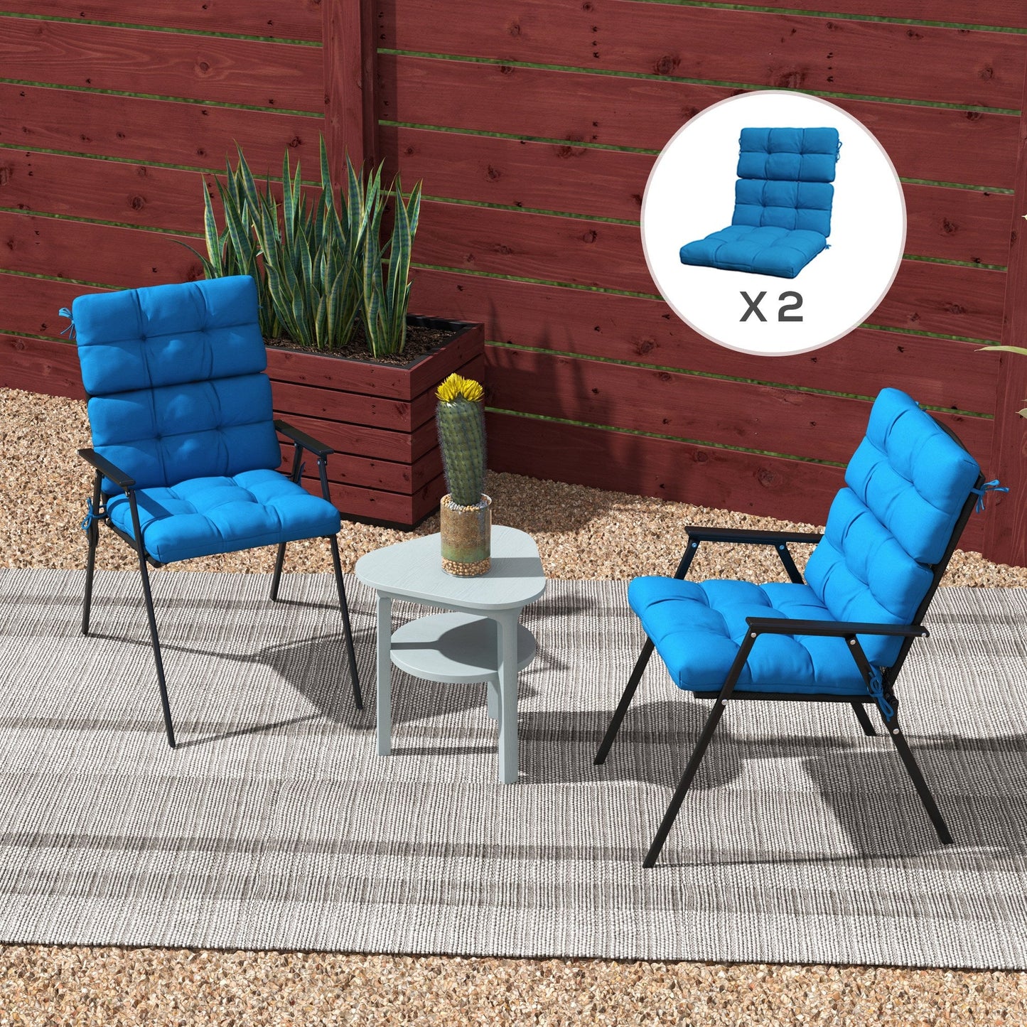 2pc Outdoor Seat Cushions with Backrest, Ties, Water Repellent Seat Pads for Chair, Garden Patio, Blue