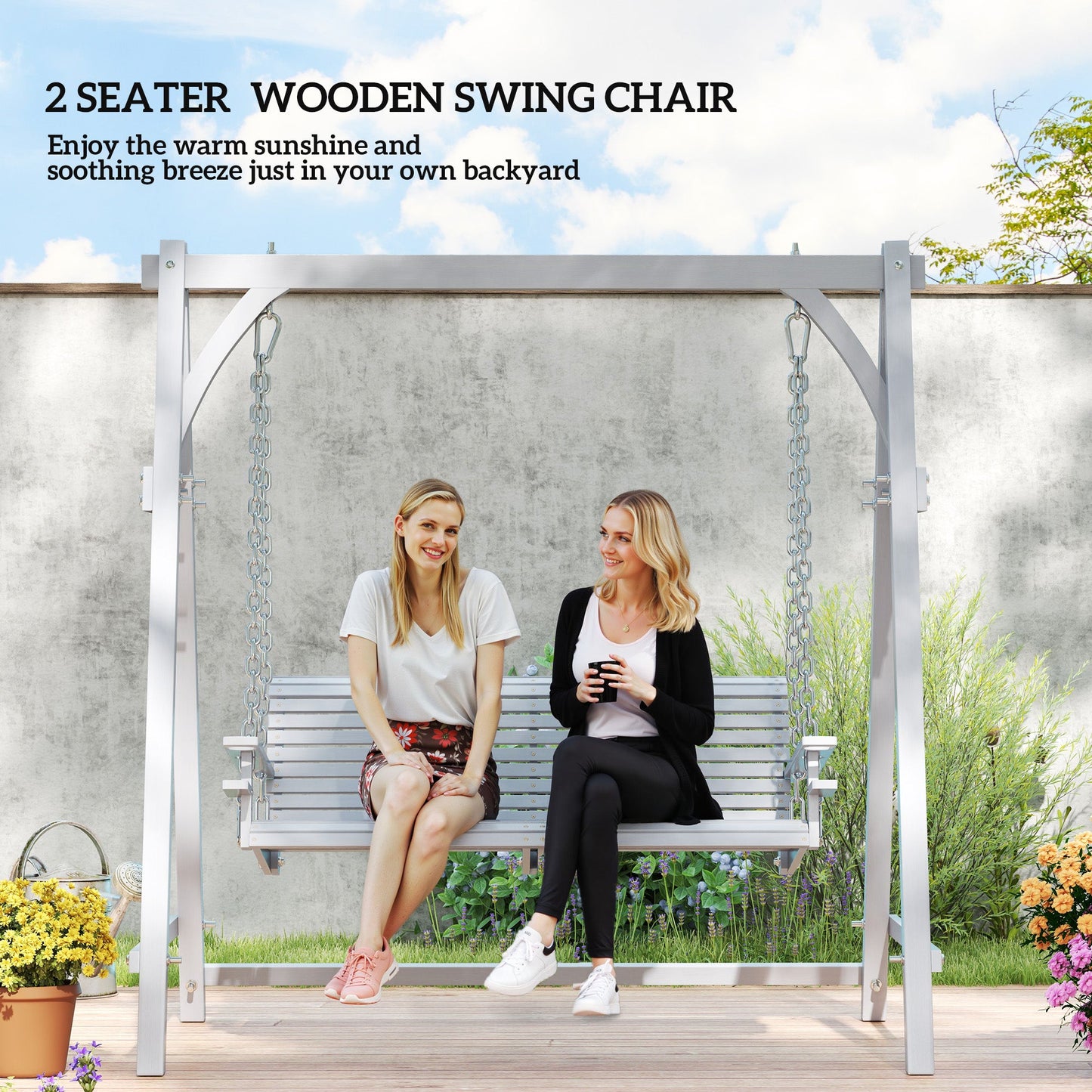 2 Seater Garden Swing Seat Larch Wood Swing Chair Hammock Bench Lounger - Grey