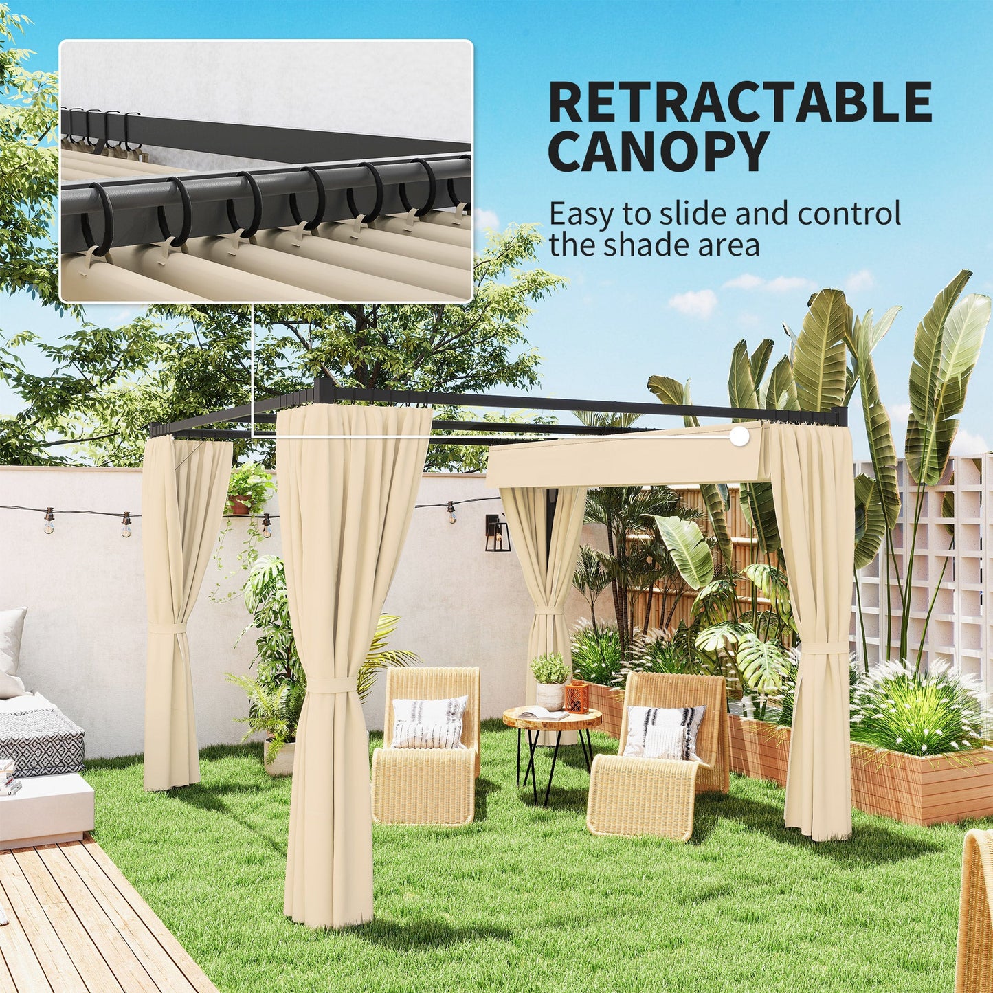 3 x 3(m) Pergola with Retractable Roof Canopy and Curtains, Metal Frame Garden Gazebo Outdoor Sun Shade Shelter for Grill, Patio, Deck, Khaki