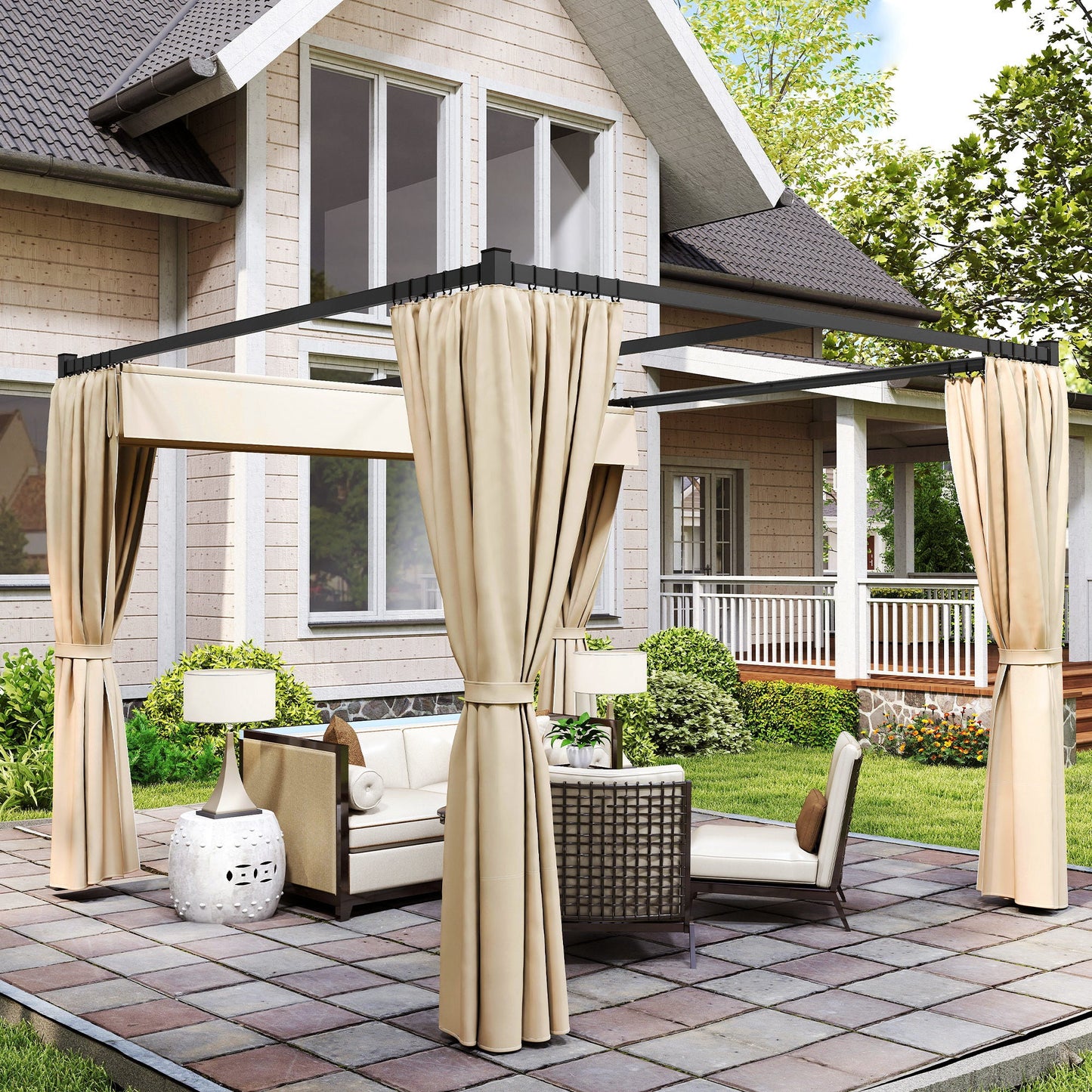 3 x 3(m) Pergola with Retractable Roof Canopy and Curtains, Metal Frame Garden Gazebo Outdoor Sun Shade Shelter for Grill, Patio, Deck, Khaki