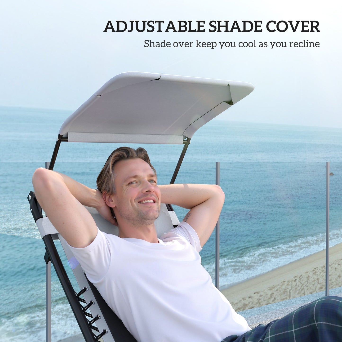 Zero Gravity Lounger Chair Set of 2, Folding Reclining Patio Chair with Shade Cover, Padded Seat, Cup Holder, Soft Cushion and Headrest for Poolside, Camping, Light Grey
