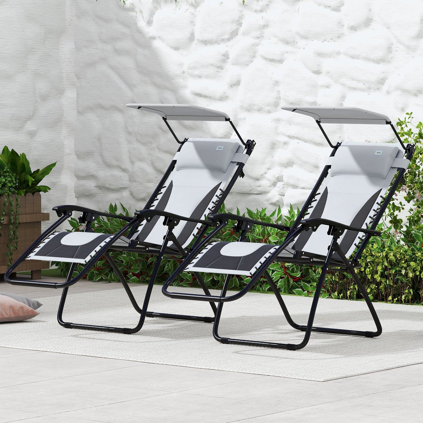 Zero Gravity Lounger Chair Set of 2, Folding Reclining Patio Chair with Shade Cover, Padded Seat, Cup Holder, Soft Cushion and Headrest for Poolside, Camping, Light Grey