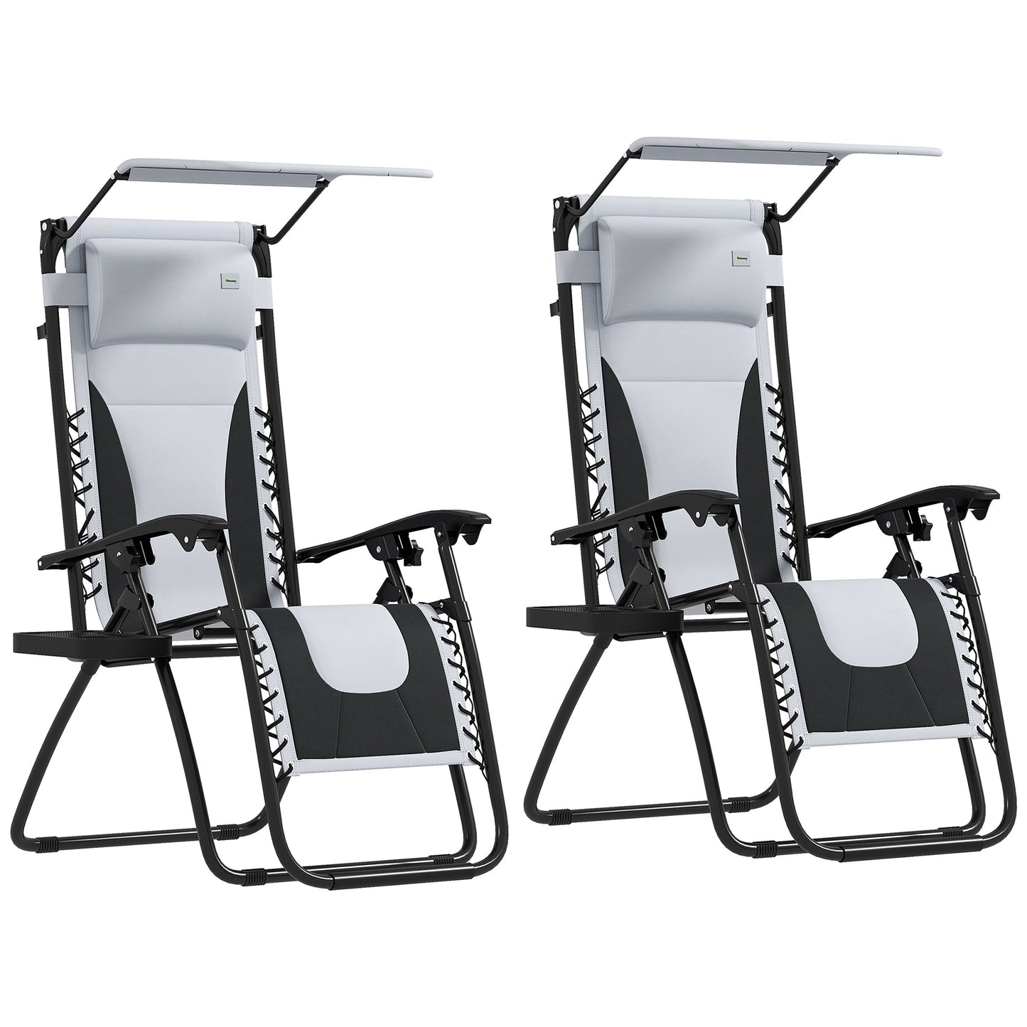 Zero Gravity Lounger Chair Set of 2, Folding Reclining Patio Chair with Shade Cover, Padded Seat, Cup Holder, Soft Cushion and Headrest for Poolside, Camping, Light Grey