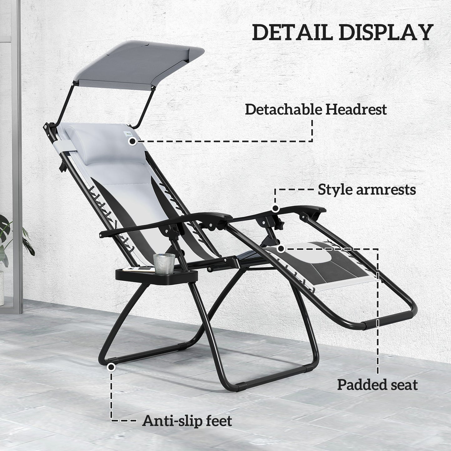 Zero Gravity Lounger Chair Set of 2, Folding Reclining Patio Chair with Shade Cover, Padded Seat, Cup Holder, Soft Cushion and Headrest for Poolside, Camping, Light Grey