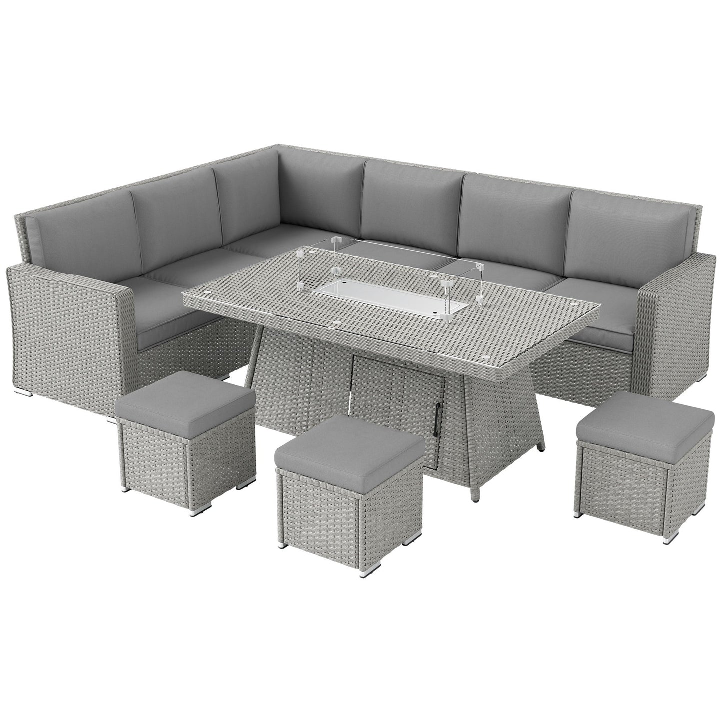 7 Pieces PE Rattan Garden Furniture Set, 50,000 BTU Gas Fire Pit Table, Double Corner Sofa and 3 Footstools, 6 Seater Furniture Sofa Sets with Cushions for Conservatory, Grey
