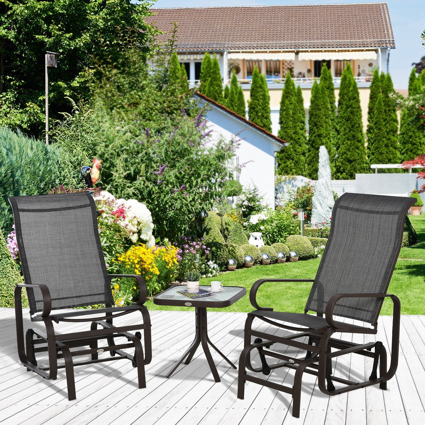 3 Pieces Garden Gliding Chair Set, Metal Frame 2 Single Armchair Swing Seater and 1 Glass Top Coffee Table w/ Breath Mesh Fabric Seat, Brown