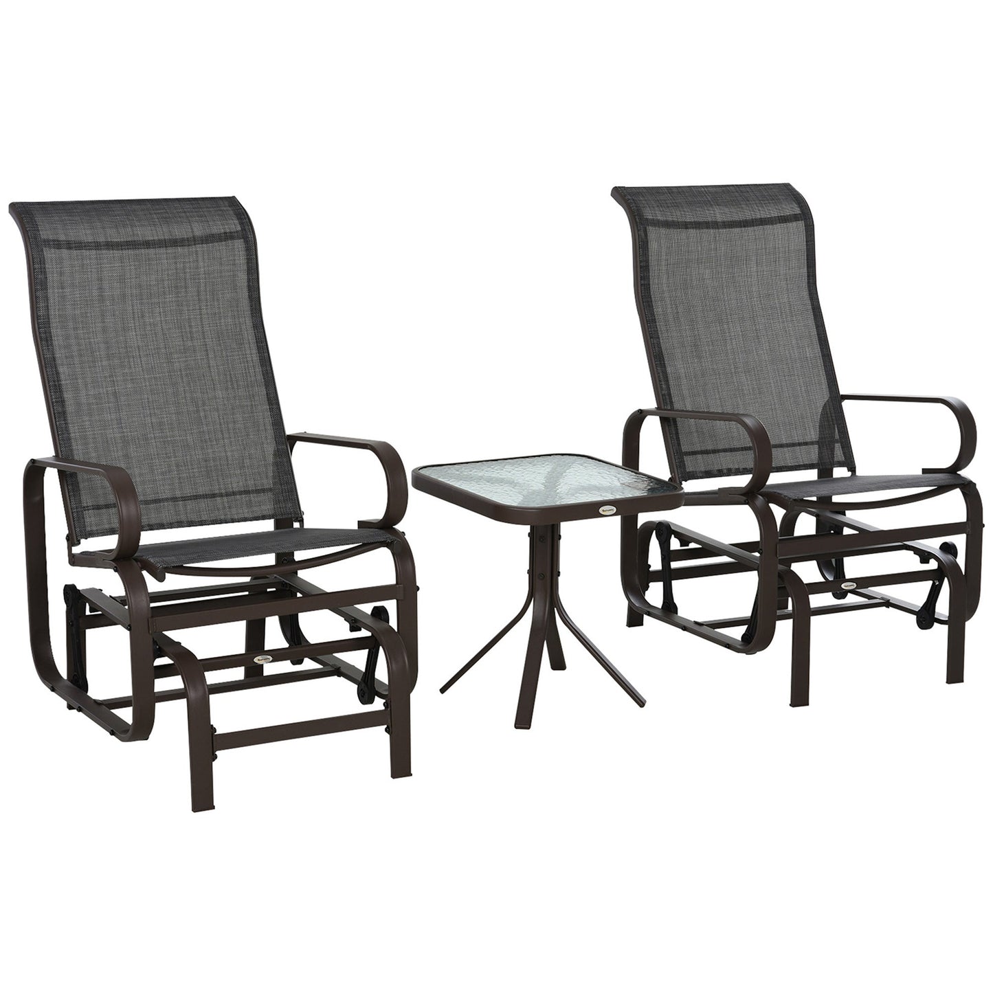 3 Pieces Garden Gliding Chair Set, Metal Frame 2 Single Armchair Swing Seater and 1 Glass Top Coffee Table w/ Breath Mesh Fabric Seat, Brown