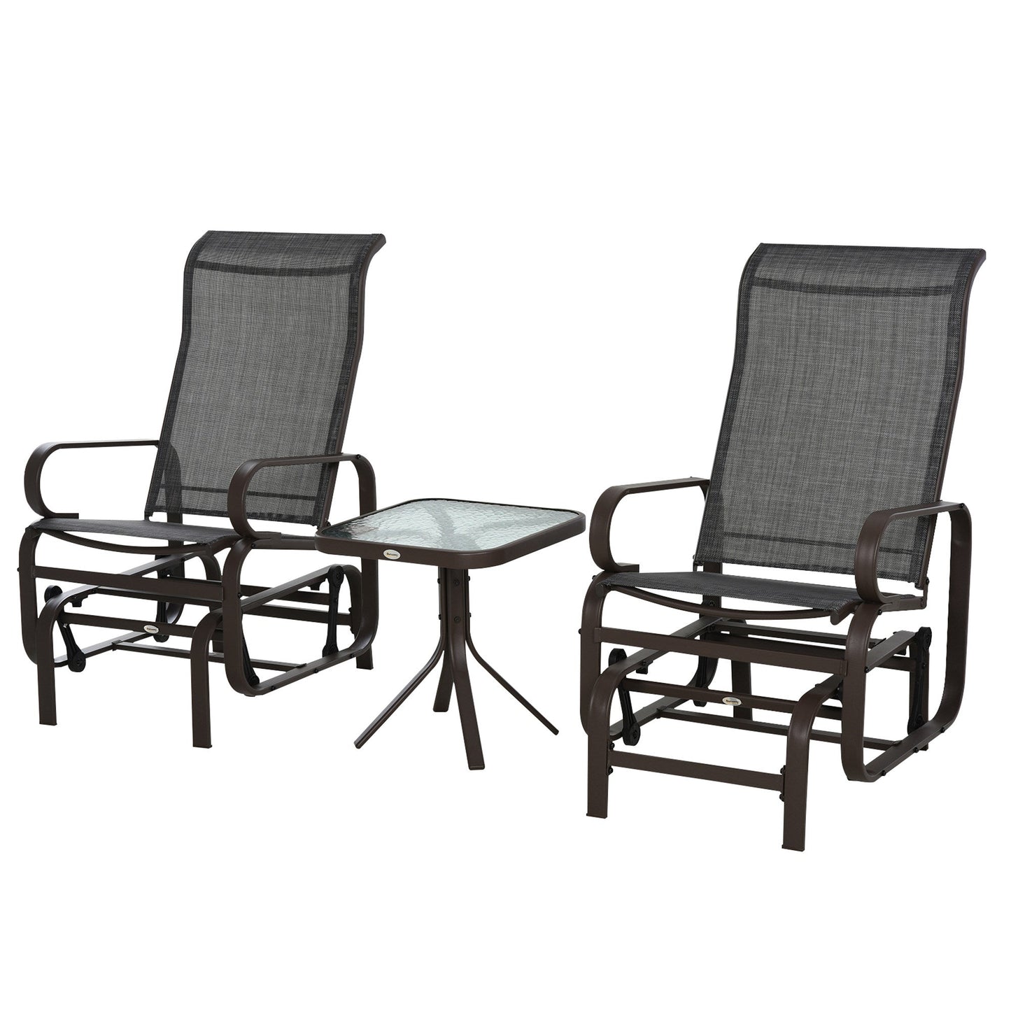 3 Pieces Garden Gliding Chair Set, Metal Frame 2 Single Armchair Swing Seater and 1 Glass Top Coffee Table w/ Breath Mesh Fabric Seat, Brown