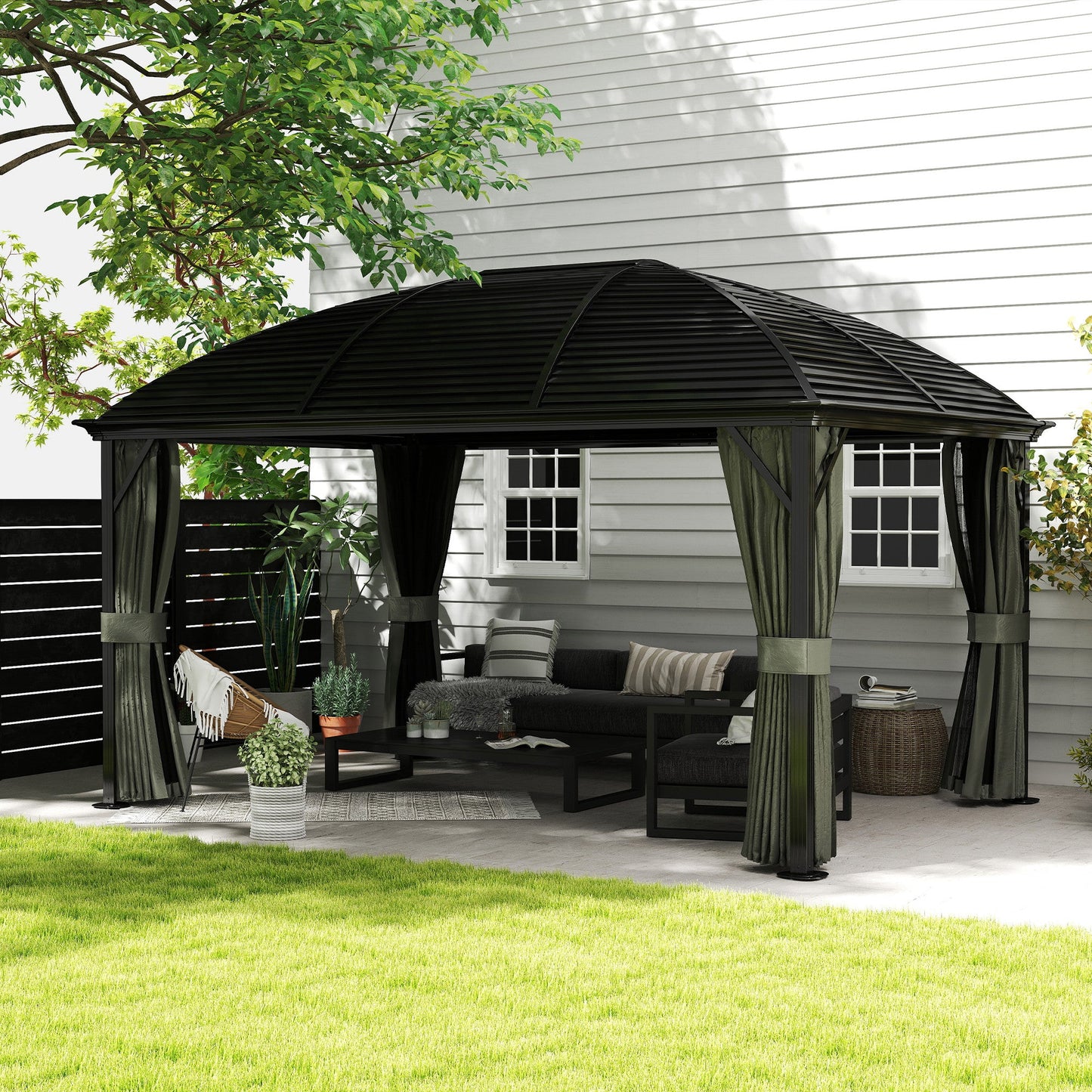 3 x 4m Hardtop Gazebo Canopy with Metal Roof, Aluminium Gazebo Permanent Pavilion with Netting and Curtains, Dark Grey