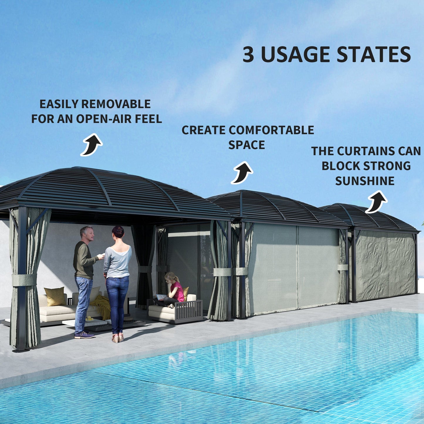 3 x 4m Hardtop Gazebo Canopy with Metal Roof, Aluminium Gazebo Permanent Pavilion with Netting and Curtains, Dark Grey