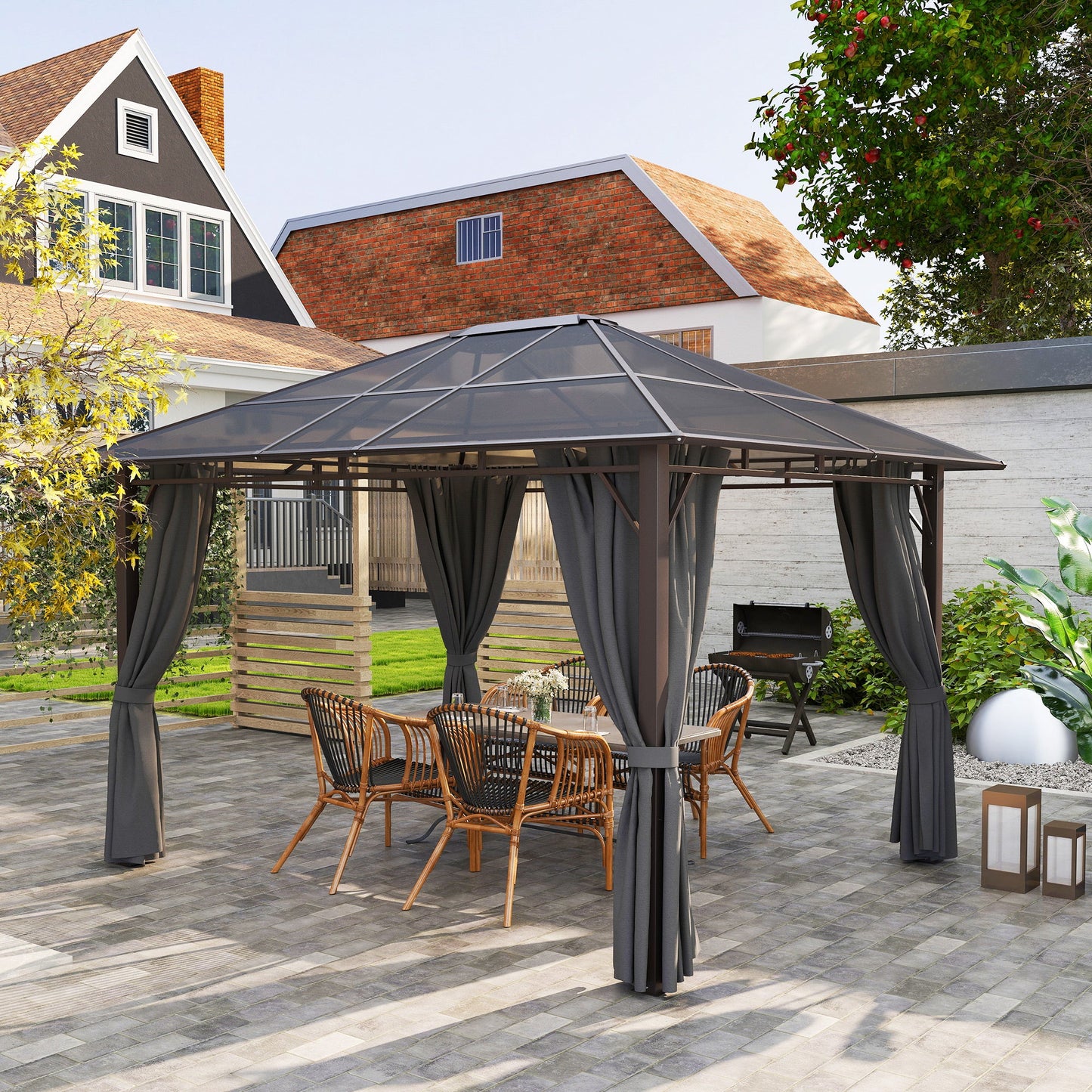 3 x 3.6m Hardtop Gazebo Canopy with Polycarbonate Roof Garden Pavilion with Removable Curtains and Steel Frame, Dark Grey