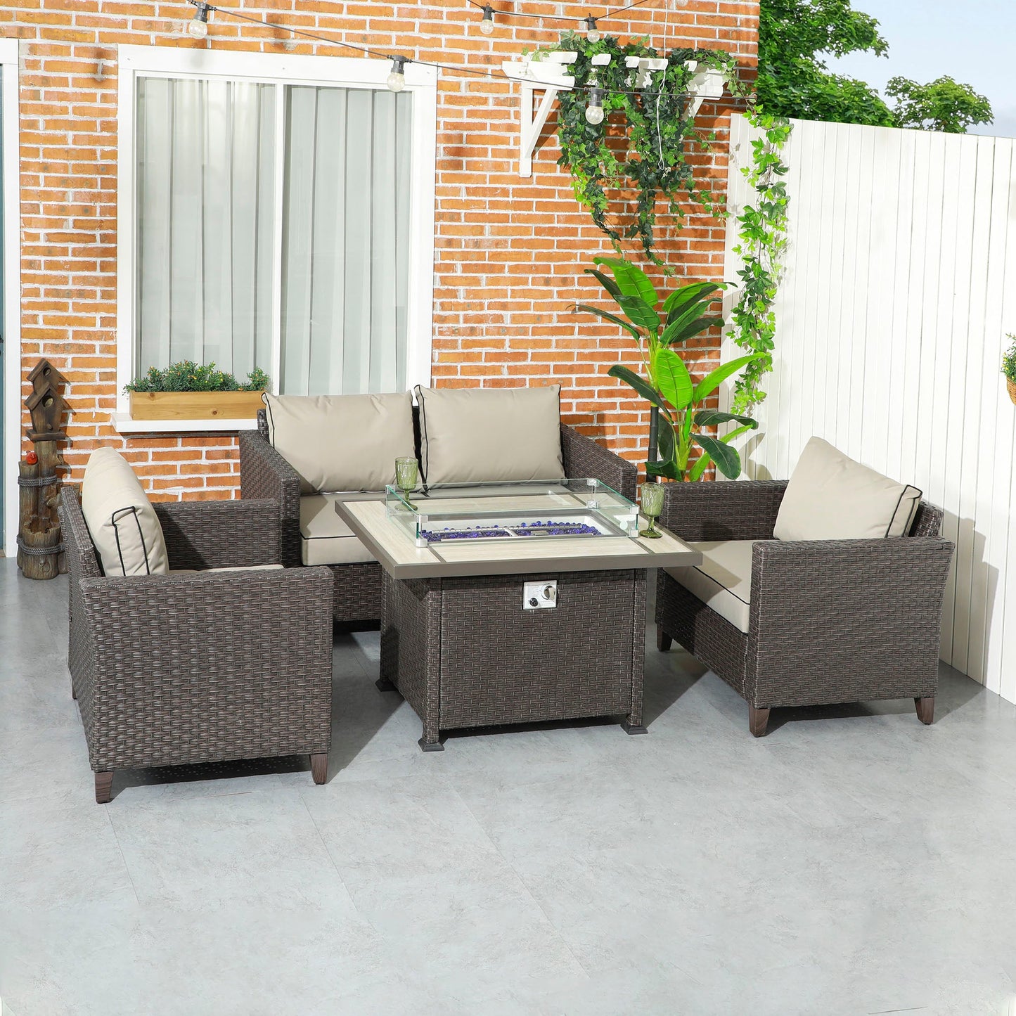 5 Pieces PE Rattan Garden Furniture Set with Gas Fire Pit Table, Loveseat Sofa, Armchairs, Patio Sofa Set with Cushions, Pillows, for Poolside, Dark Brown