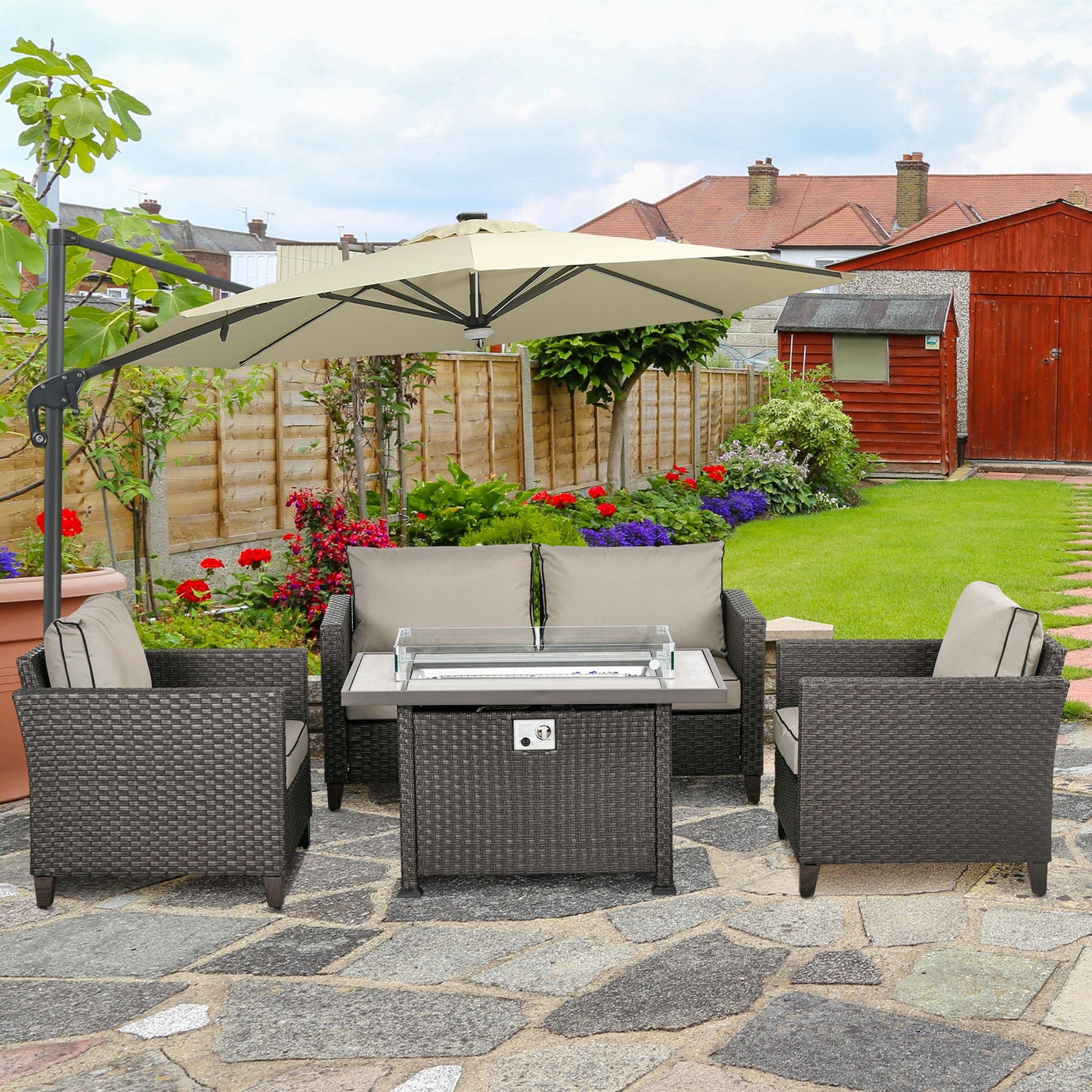 5 Pieces PE Rattan Garden Furniture Set with Gas Fire Pit Table, Loveseat Sofa, Armchairs, Patio Sofa Set with Cushions, Pillows, for Poolside, Dark Brown