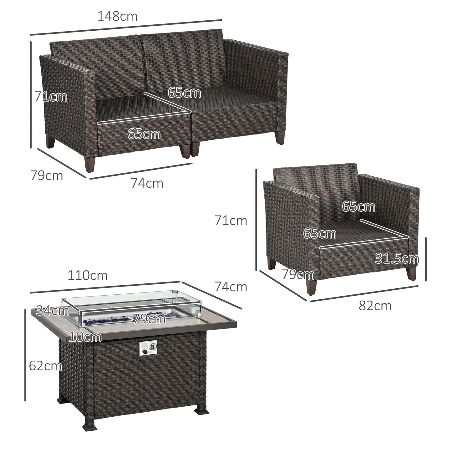 5 Pieces PE Rattan Garden Furniture Set with Gas Fire Pit Table, Loveseat Sofa, Armchairs, Patio Sofa Set with Cushions, Pillows, for Poolside, Dark Brown