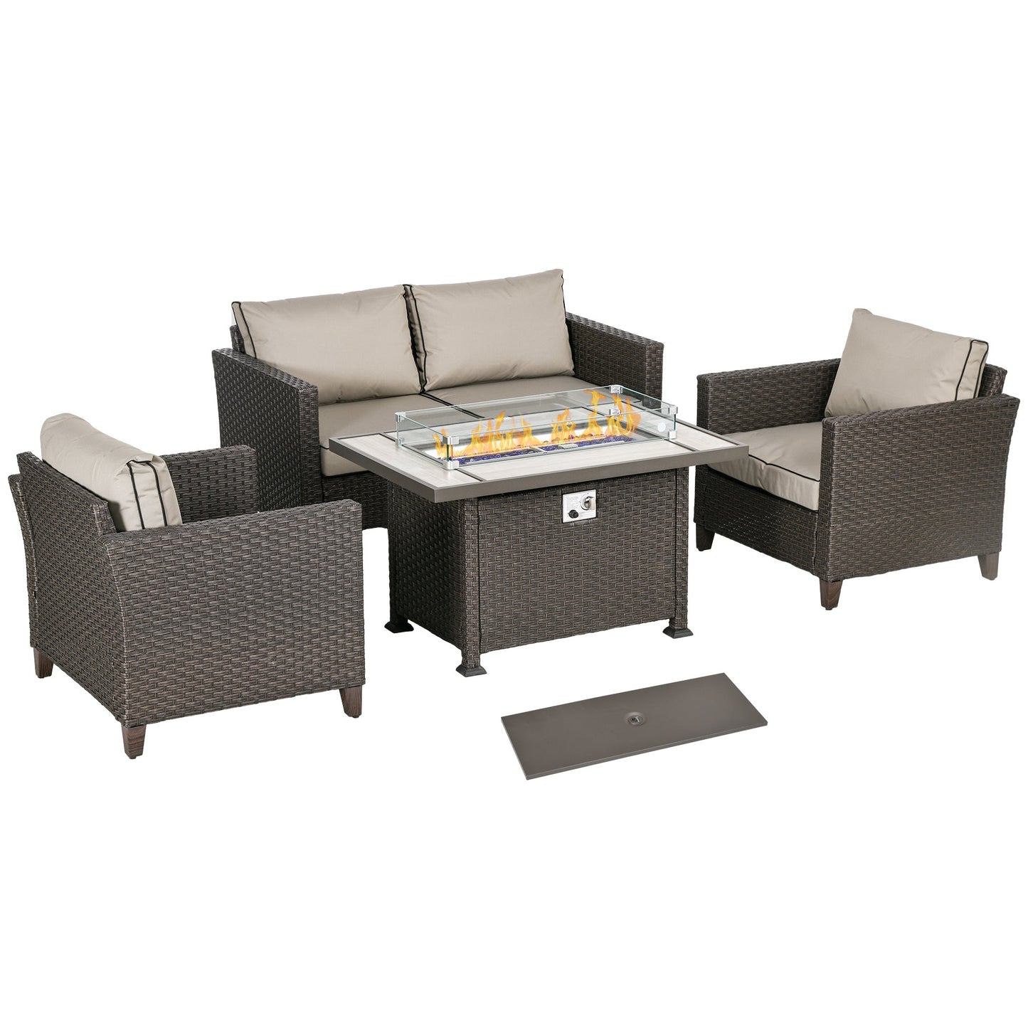5 Pieces PE Rattan Garden Furniture Set with Gas Fire Pit Table, Loveseat Sofa, Armchairs, Patio Sofa Set with Cushions, Pillows, for Poolside, Dark Brown