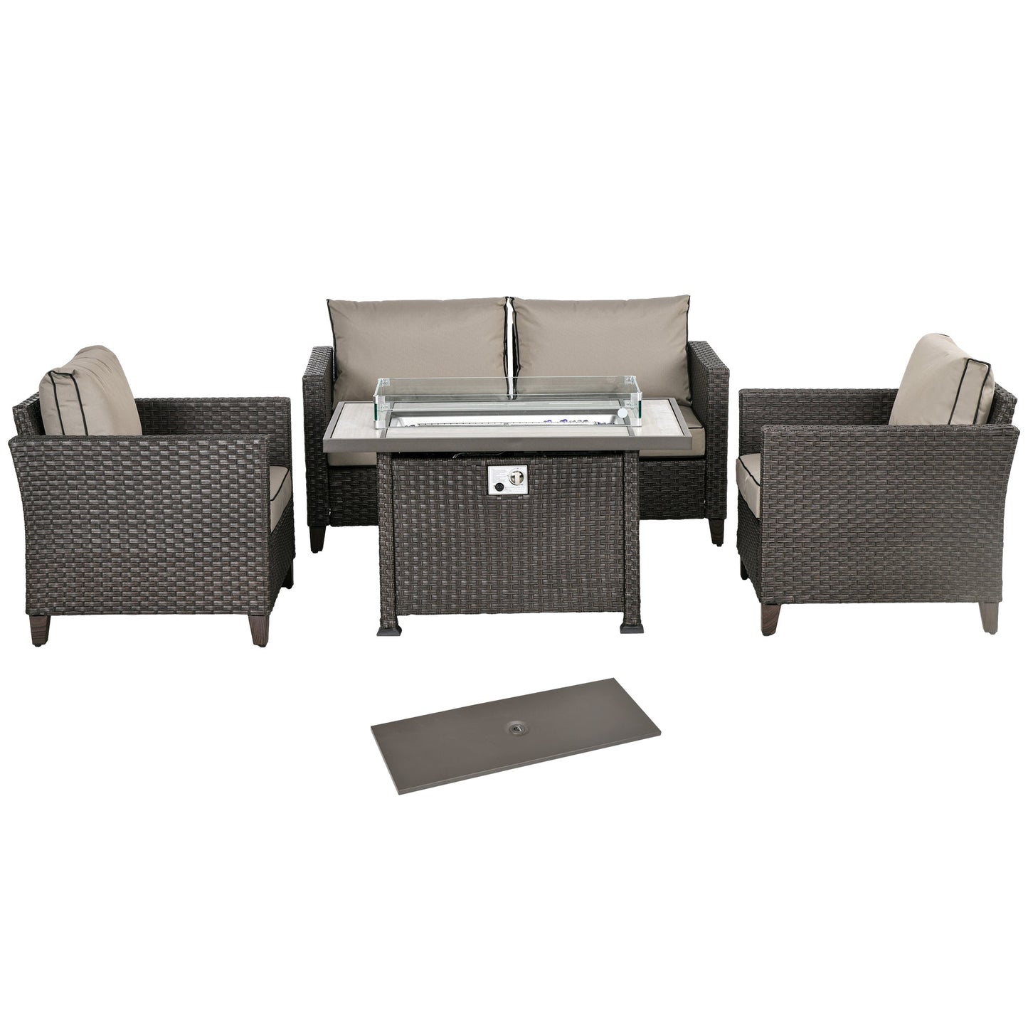 5 Pieces PE Rattan Garden Furniture Set with Gas Fire Pit Table, Loveseat Sofa, Armchairs, Patio Sofa Set with Cushions, Pillows, for Poolside, Dark Brown