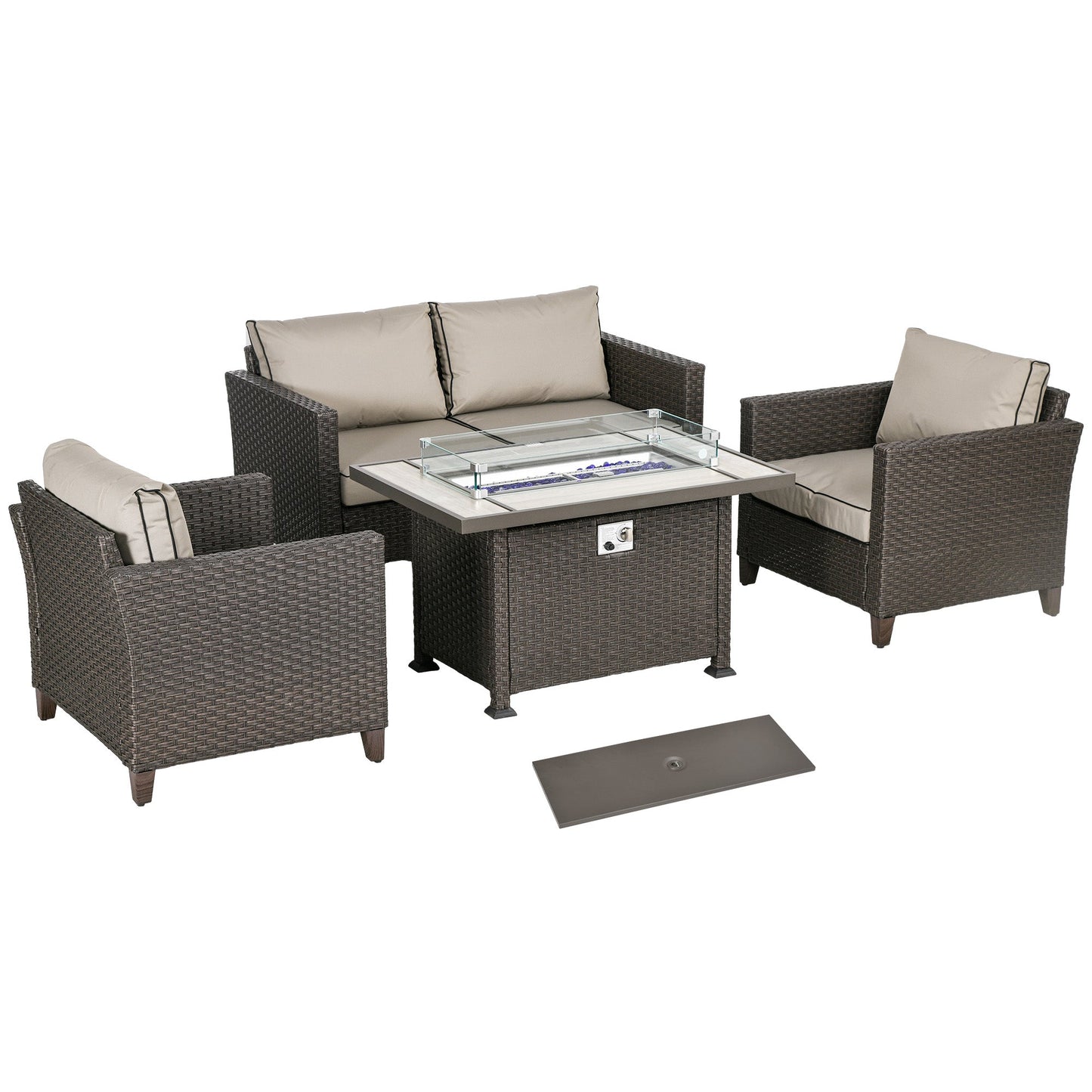 5 Pieces PE Rattan Garden Furniture Set with Gas Fire Pit Table, Loveseat Sofa, Armchairs, Patio Sofa Set with Cushions, Pillows, for Poolside, Dark Brown