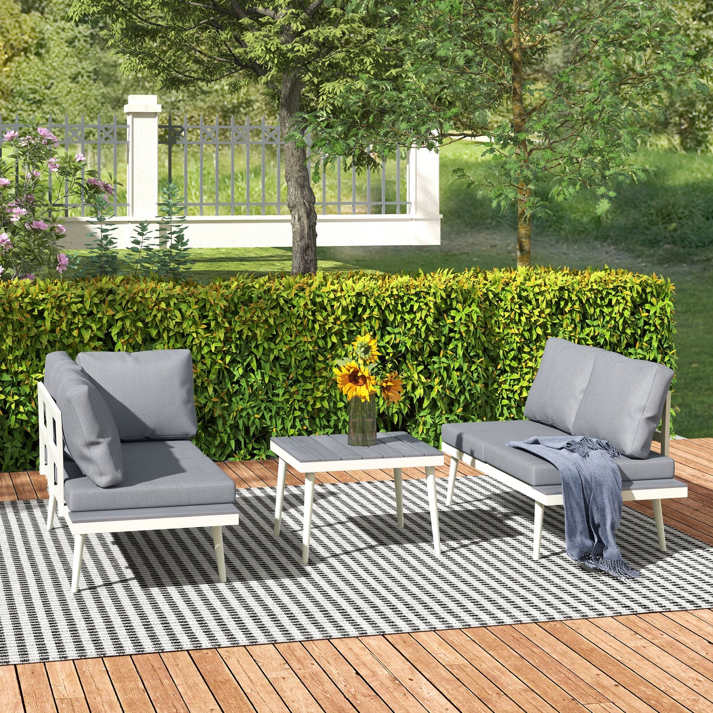 3 Piece Garden Furniture Set with 5-Level Adjustable Lounger, L Shaped Garden Corner Sofa with Cushions, Mesh Seat, Slatted Wood-Grain Table, Outdoor Furniture Set for Conservatory, Grey