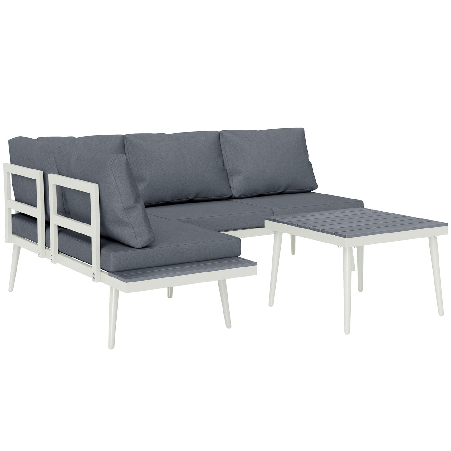 3 Piece Garden Furniture Set with 5-Level Adjustable Lounger, L Shaped Garden Corner Sofa with Cushions, Mesh Seat, Slatted Wood-Grain Table, Outdoor Furniture Set for Conservatory, Grey