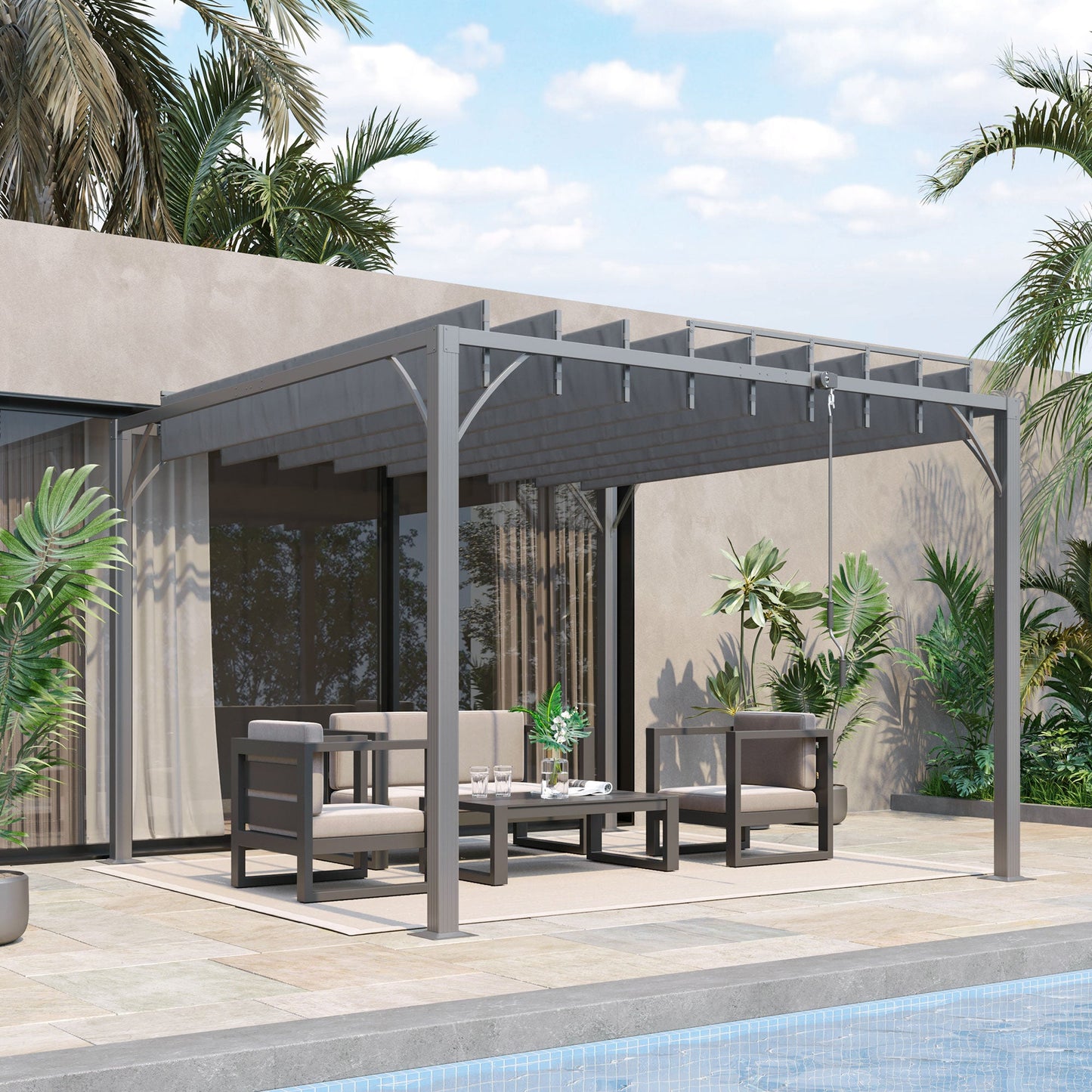 3 x 3(m) Outdoor Louvered Pergola with Adjustable Roof, AluminIum Patio Gazebo Canopy with Ground Stakes for Patio, Lawn, Garden, Grey