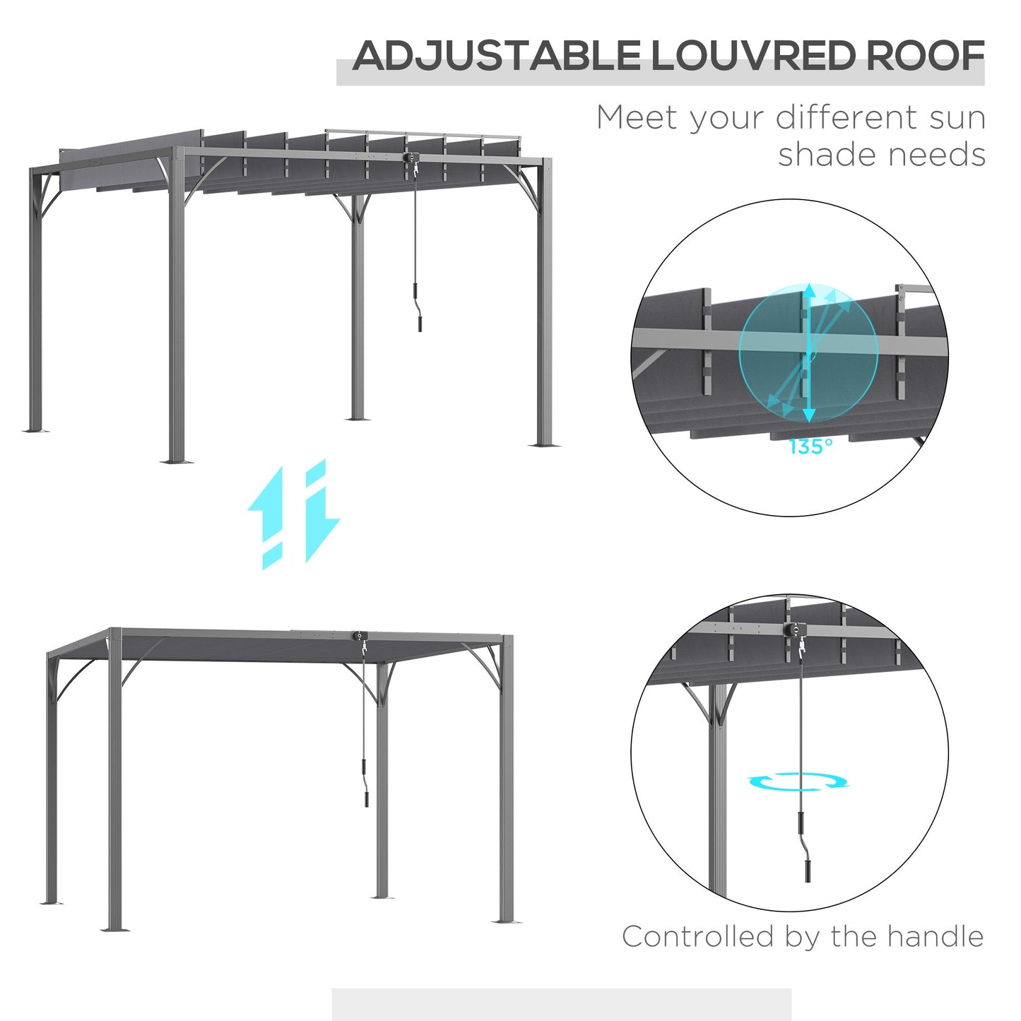 3 x 3(m) Outdoor Louvered Pergola with Adjustable Roof, AluminIum Patio Gazebo Canopy with Ground Stakes for Patio, Lawn, Garden, Grey