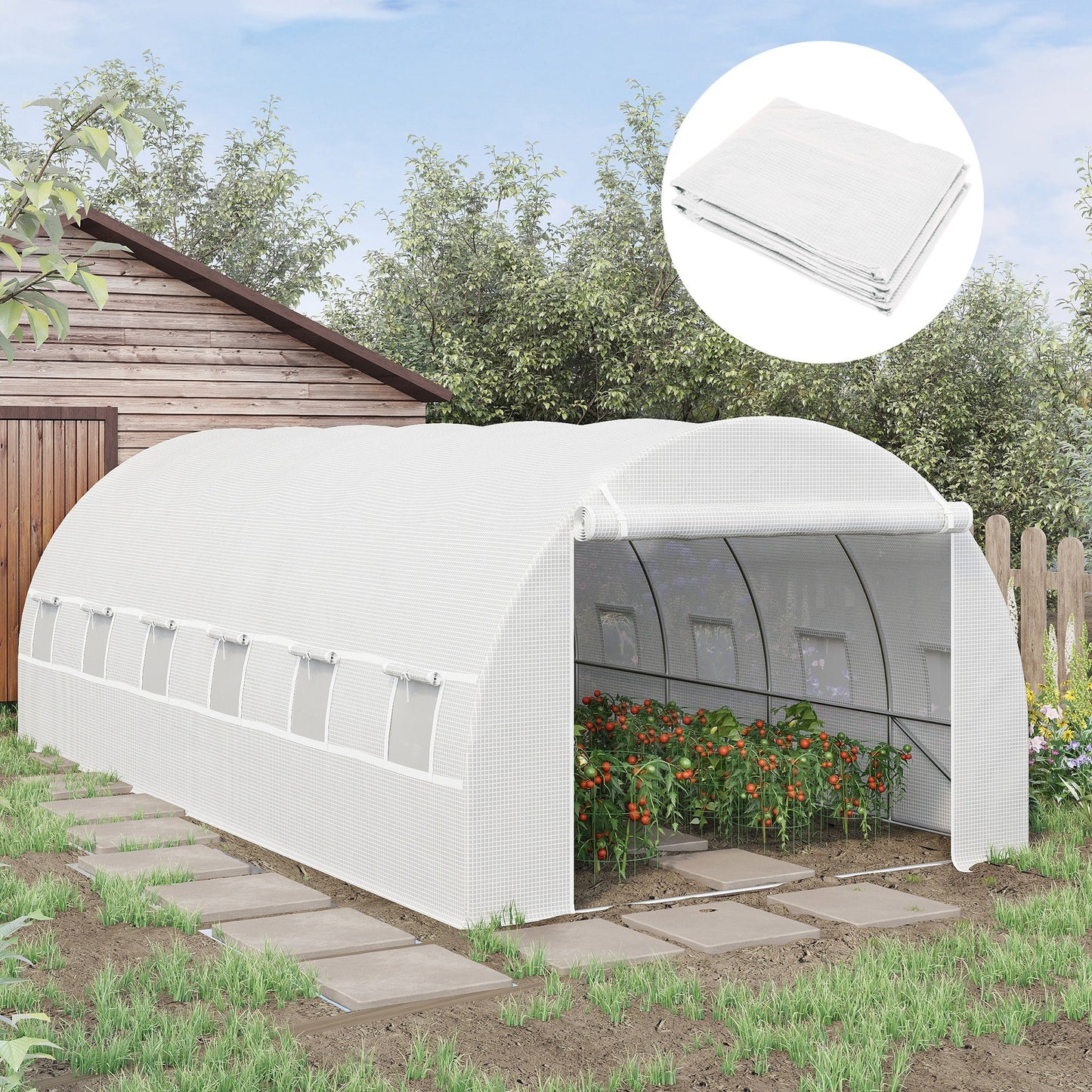 6 x 3 x 2m Greenhouse Replacement Cover ONLY Winter Garden Plant PE Cover for Tunnel Walk-in Greenhouse with Roll-up Windows Door Outdoor, White