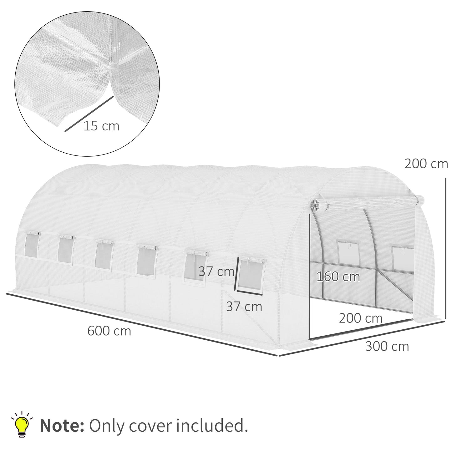 6 x 3 x 2m Greenhouse Replacement Cover ONLY Winter Garden Plant PE Cover for Tunnel Walk-in Greenhouse with Roll-up Windows Door Outdoor, White