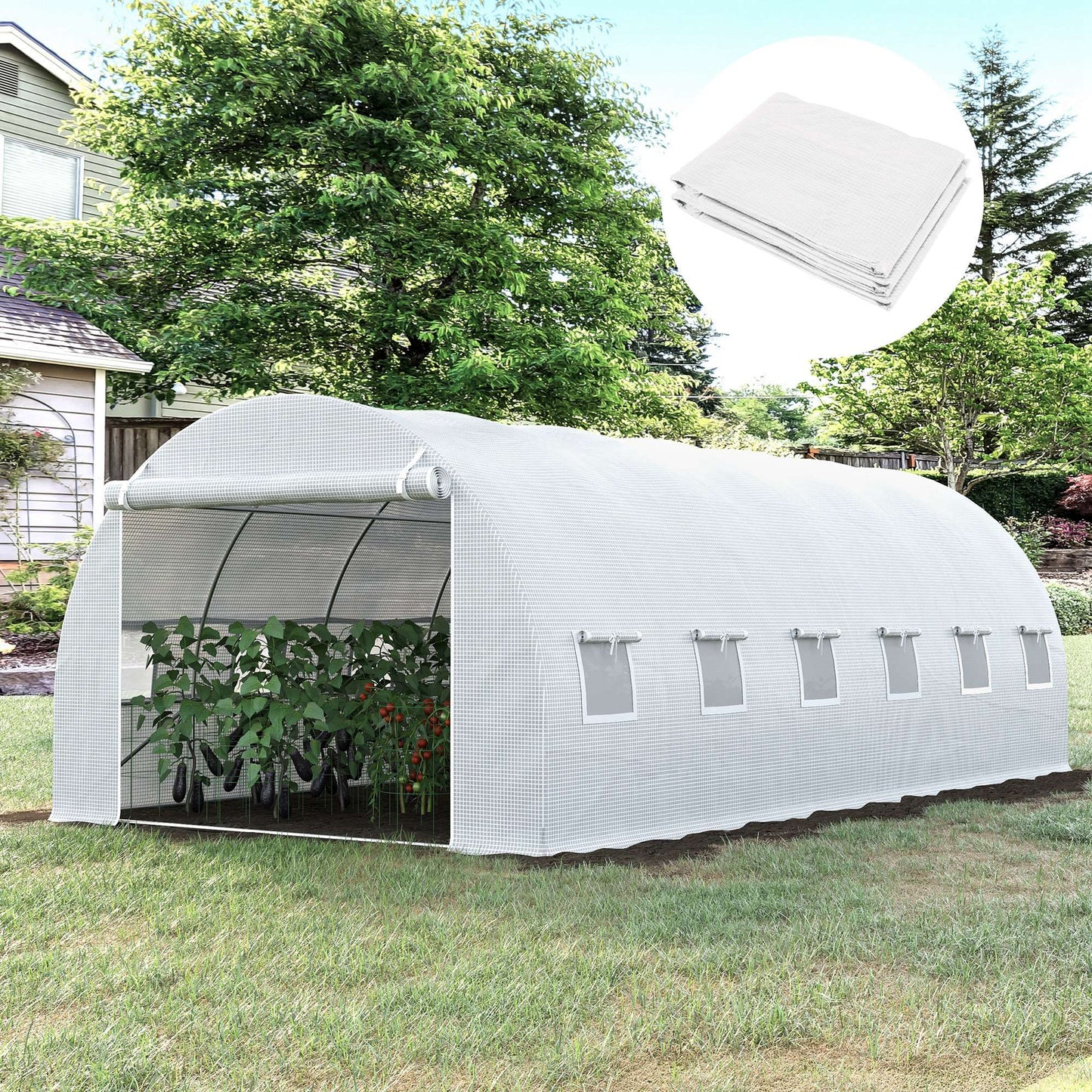 6 x 3 x 2m Greenhouse Replacement Cover ONLY Winter Garden Plant PE Cover for Tunnel Walk-in Greenhouse with Roll-up Windows Door Outdoor, White