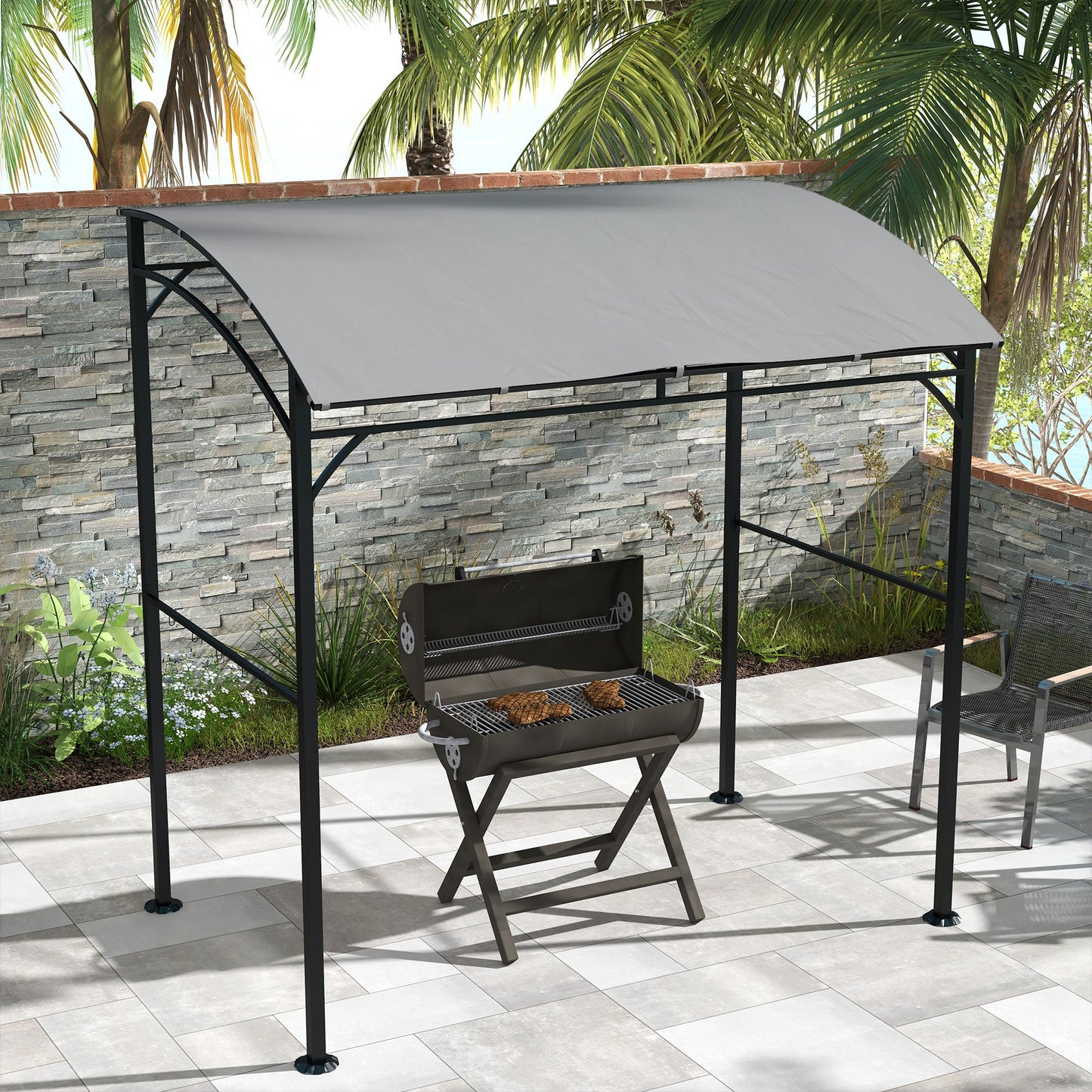 2.2 x 1.5 m BBQ Grill Gazebo Tent, Garden Grill with Metal Frame, Curved Canopy and 10 Hooks, Outdoor Sun Shade, Grey