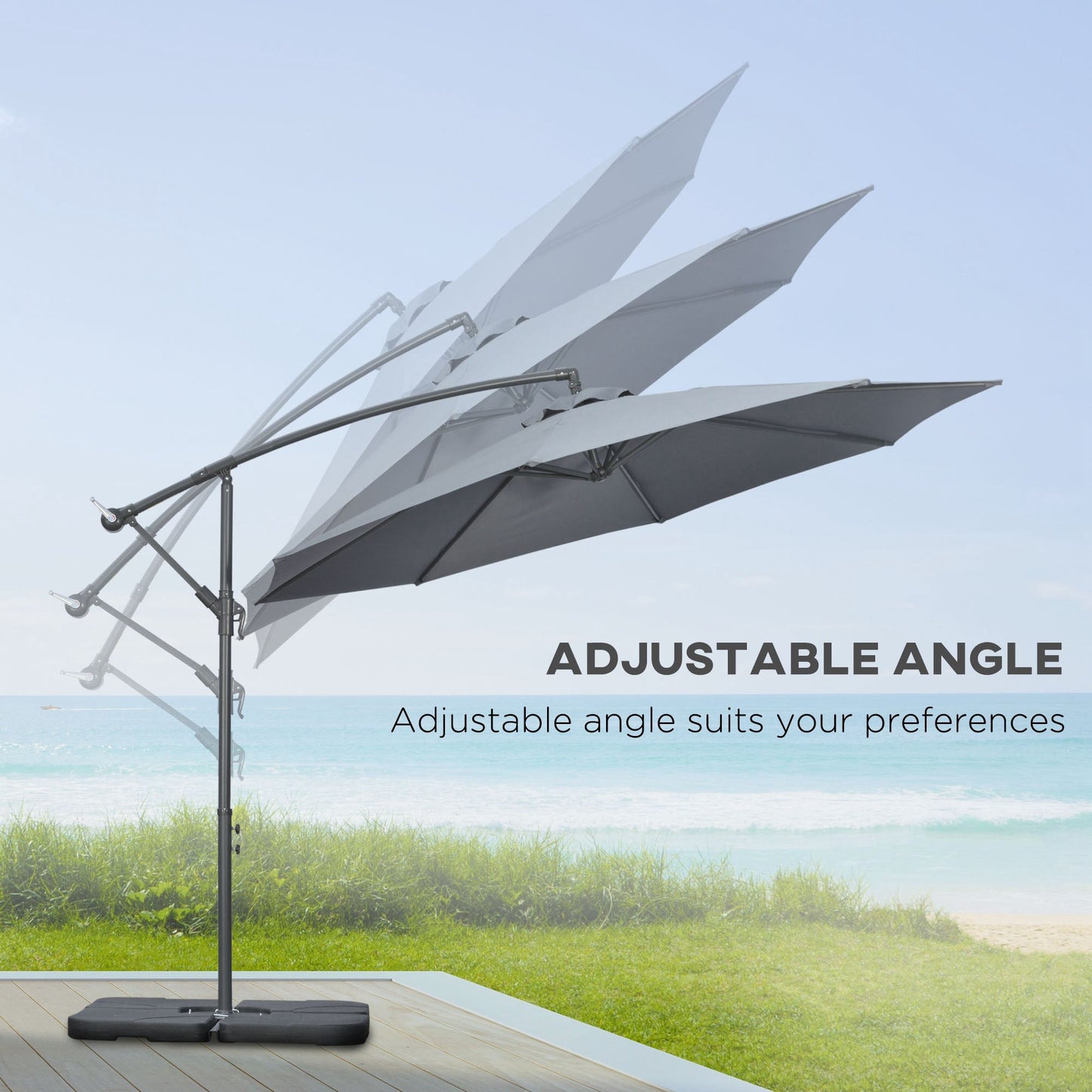 3(m) Garden Banana Parasol Cantilever Umbrella with Crank Handle, Cross Base, Weights and Cover for Outdoor, Hanging Sun Shade, Grey