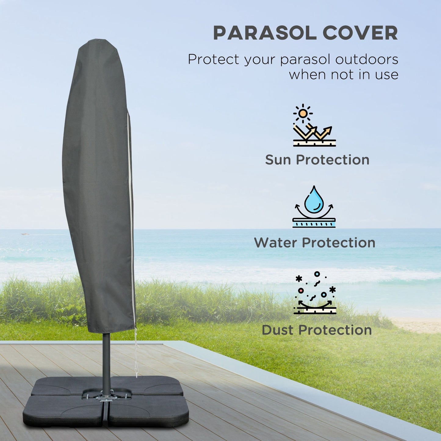 3(m) Garden Banana Parasol Cantilever Umbrella with Crank Handle, Cross Base, Weights and Cover for Outdoor, Hanging Sun Shade, Grey