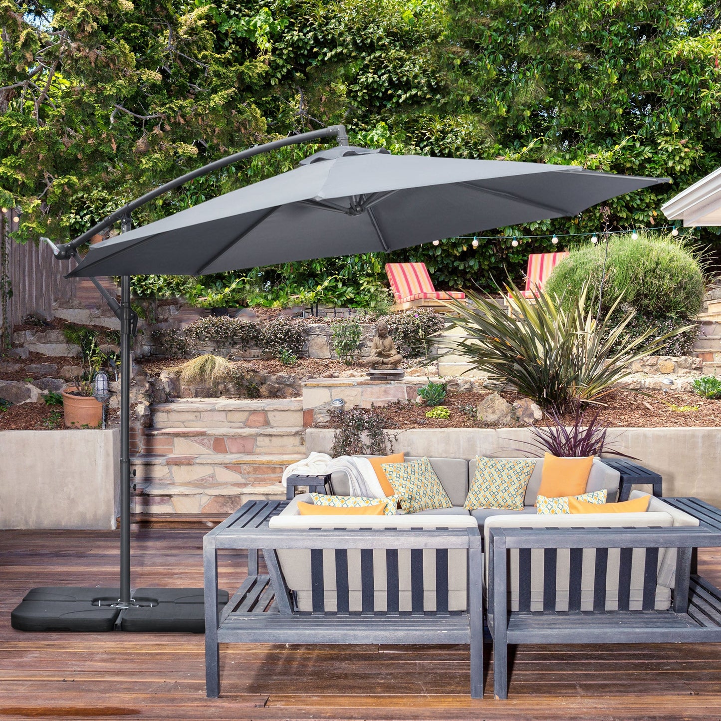 3(m) Garden Banana Parasol Cantilever Umbrella with Crank Handle, Cross Base, Weights and Cover for Outdoor, Hanging Sun Shade, Grey